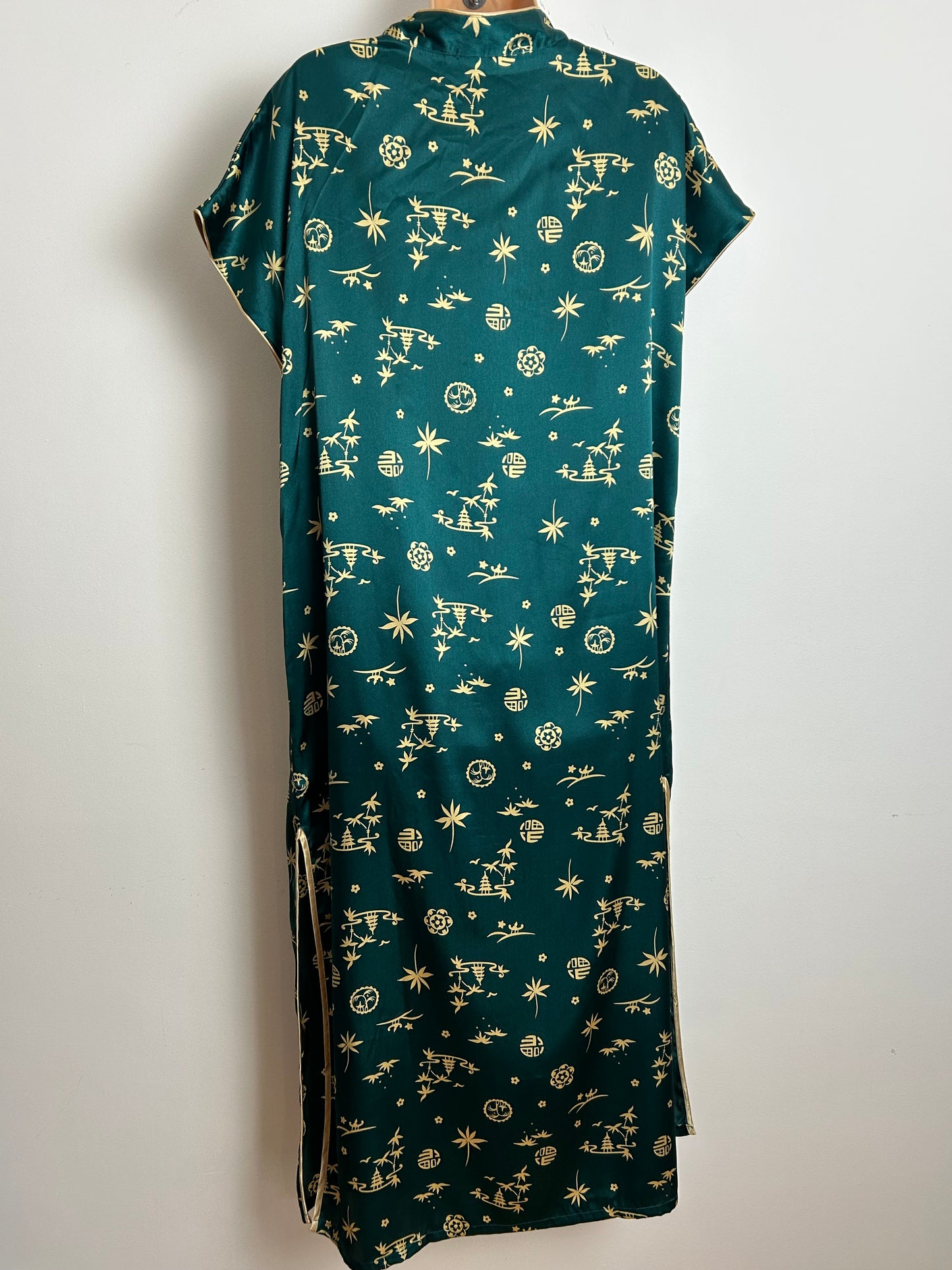 Vintage 1980s PALOMA Up To Size 16 Dark Green & Gold Japanese Pagoda Print Mandarin Collar Kaftan