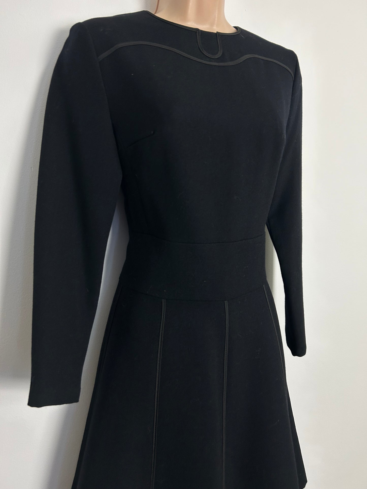 Vintage 1960s EIN FINK MODELL UK Size 6-8 Black Pure New Wool Braid Detail Long Sleeve Mod Dress