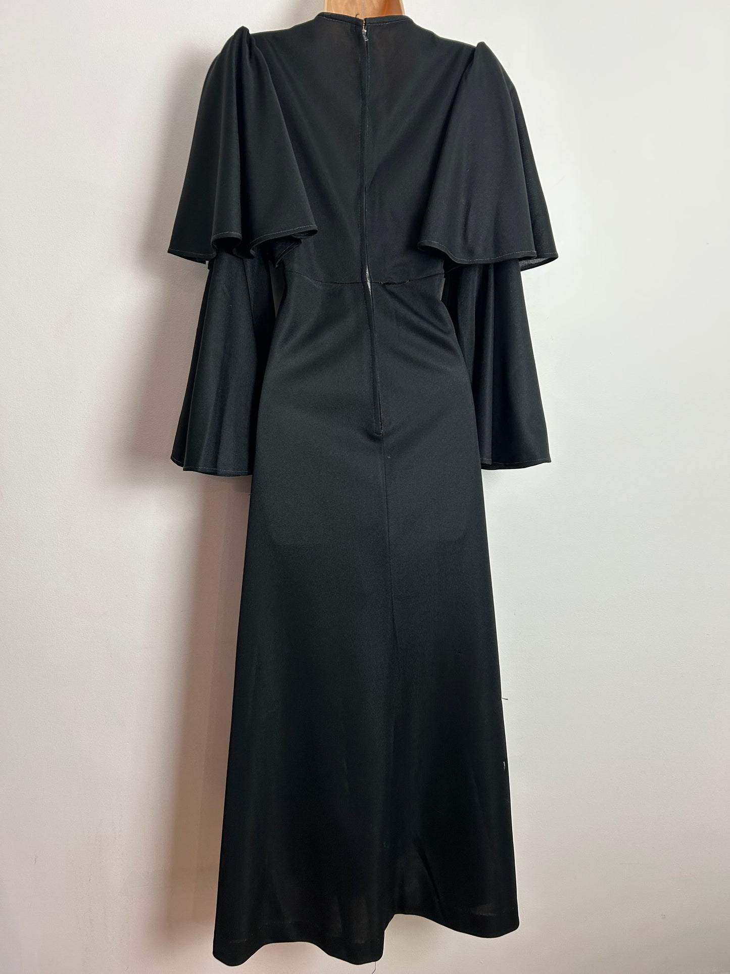 Vintage 1970s MISS T UK Size 8 Black Double Layered Flared Sleeve Dramatic Boho Evening Maxi Dress