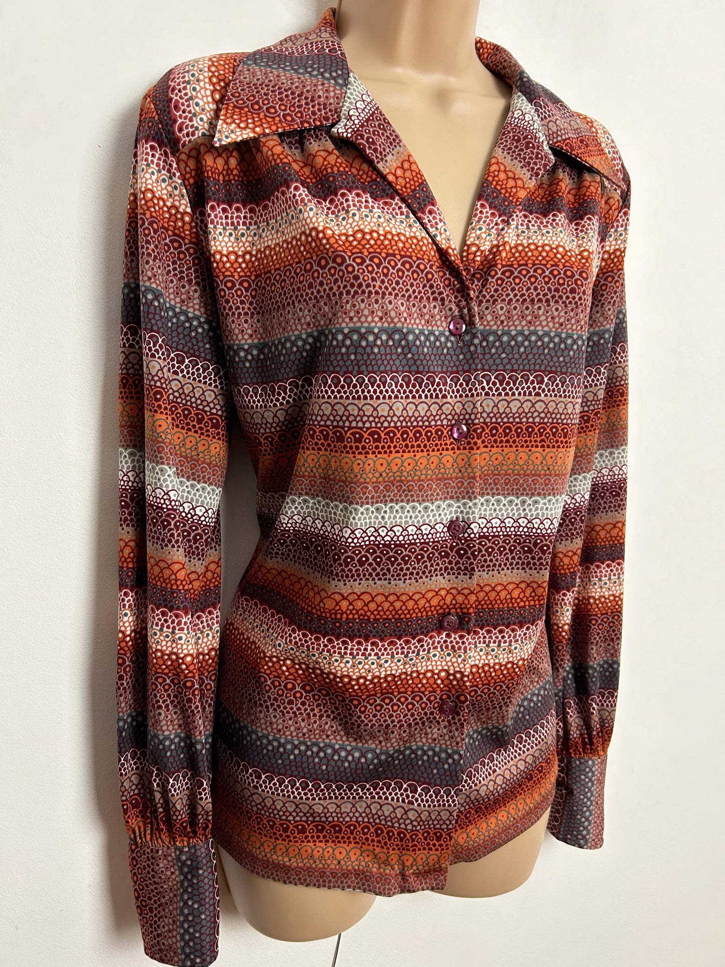 Vintage 1970s KARTING UK Size 16 Dark Reds Petrol Blue & Rusty Orange Abstract Print Long Sleeve Shirt