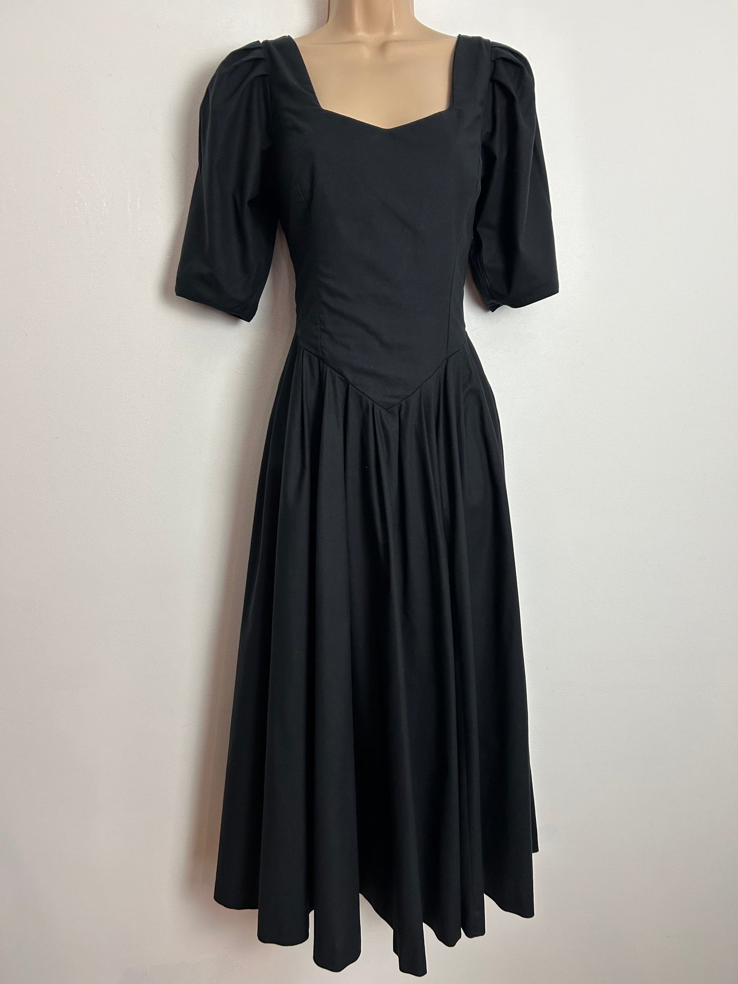 Vintage 1980s LAURA ASHLEY UK Size 8 (Size 12 On Label) Black Cotton Pleated Ballgown Party Dress