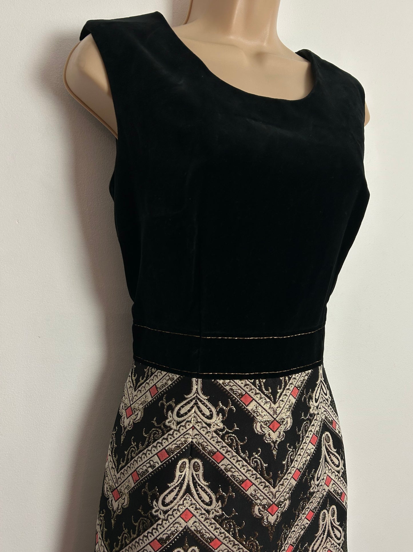 Vintage 1960s UK Size 12 Black Gold & Pink Velvet & Brocade Evening Occasion Maxi Dress
