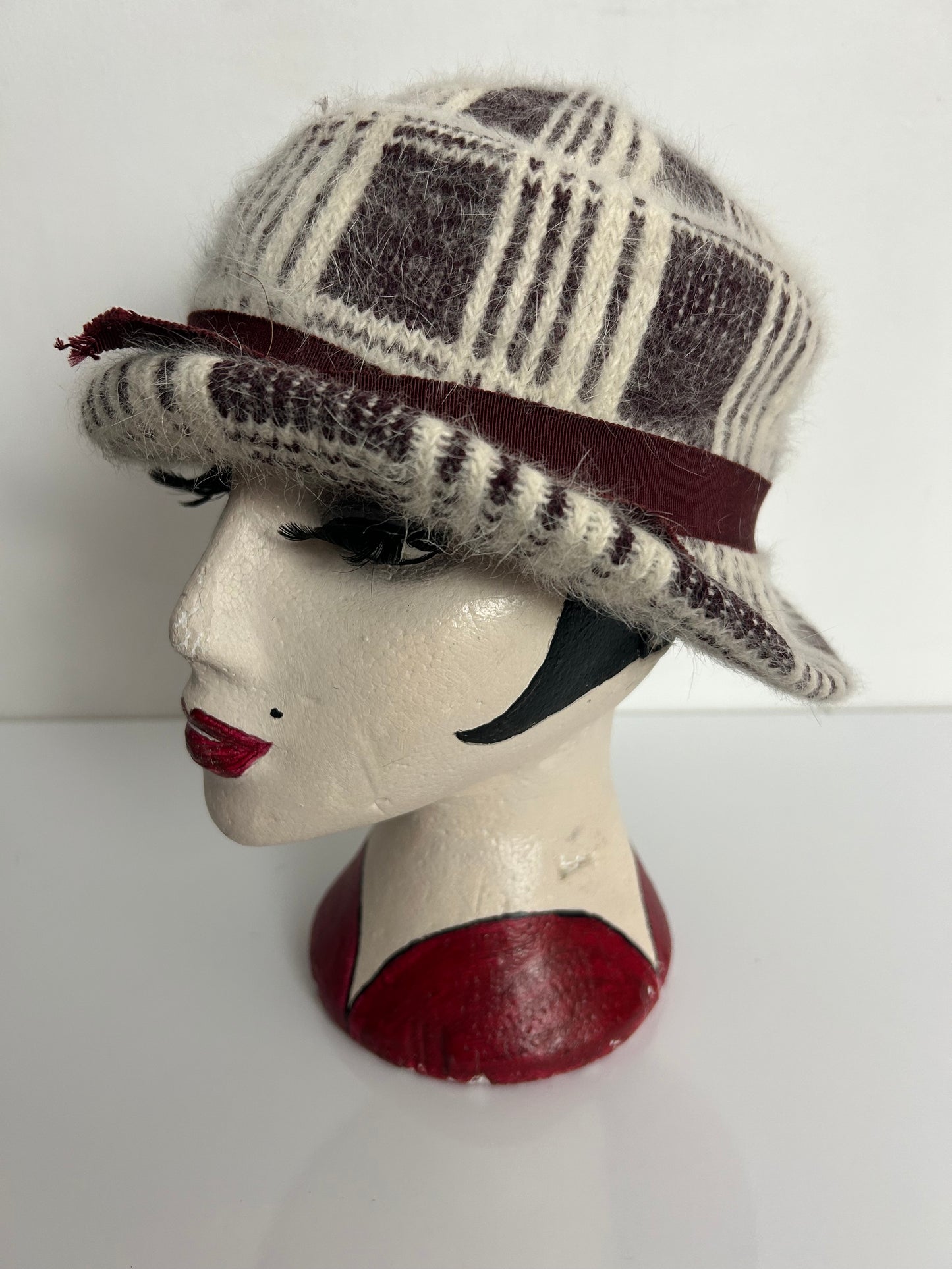 Vintage Cream & Maroon Check Pattern Angora Mix Braid Trim Hat