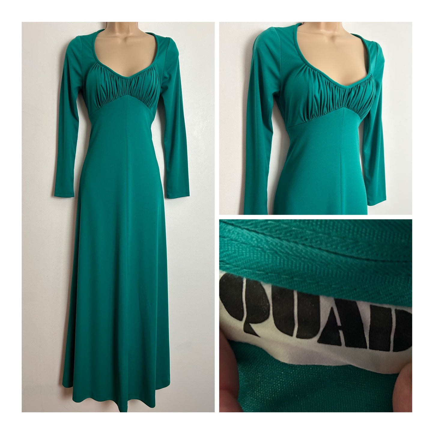 Vintage 1970s QUAD UK Size 6-8 Jade Green Ruched Bodice Long Sleeve Maxi Dress