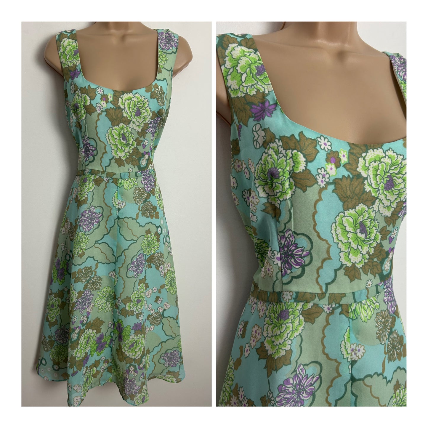 Vintage 1970s Size 12 Pretty Blue & Green Floral Print Sleeveless Fit & Flare Dress