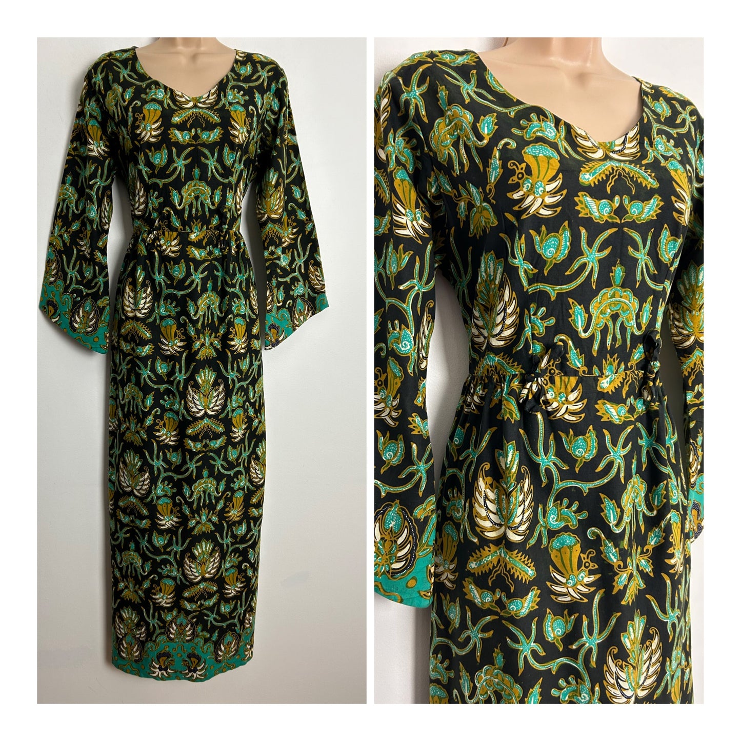 Vintage 1970s UK Size 12 Black Turquoise Green & Tan Brown African Wax Print Cotton Maxi Dress