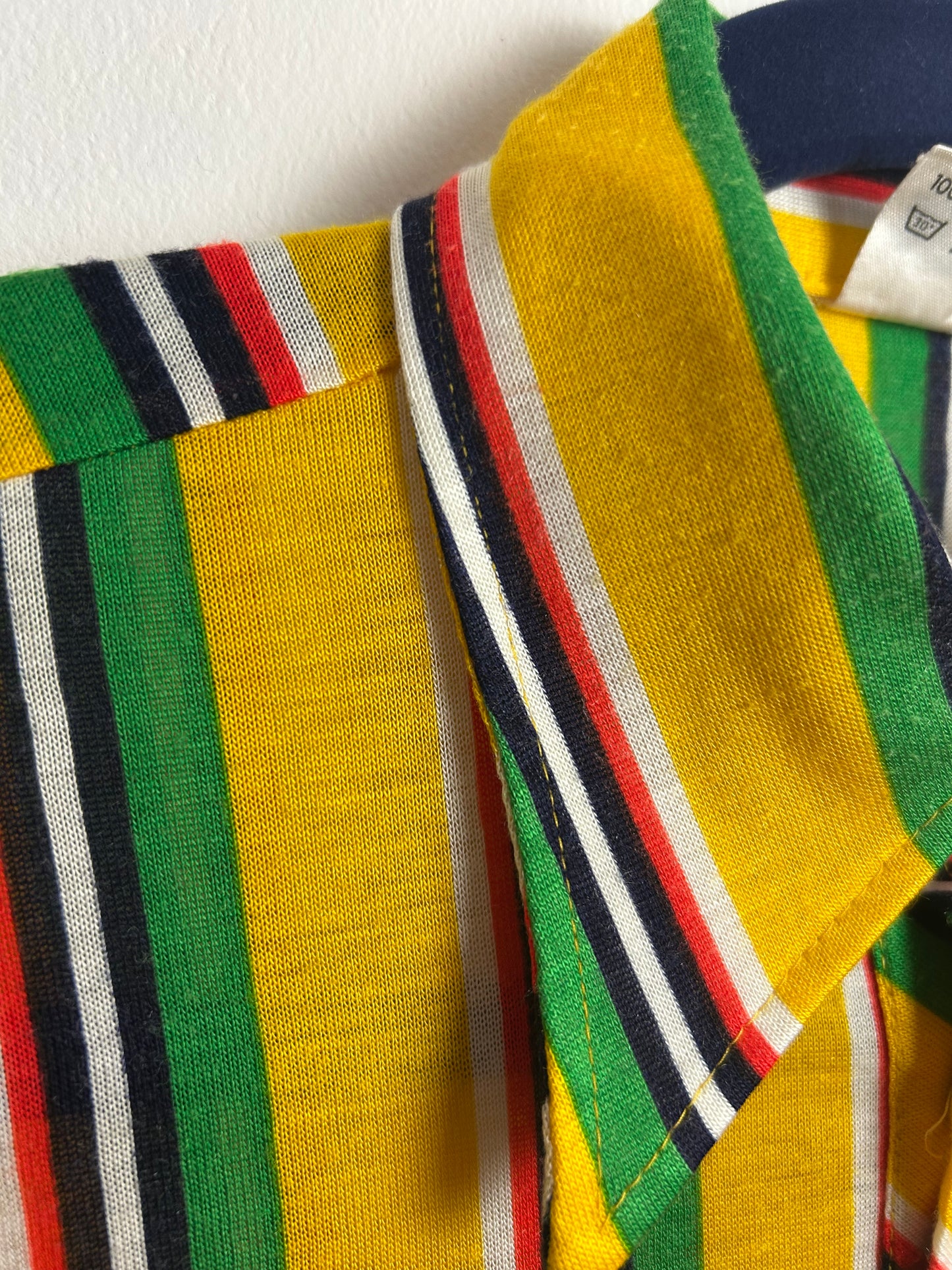 Vintage 1970s Size 8-10 Yellow Green White & Red Stripe Print Long Sleeve Shirt