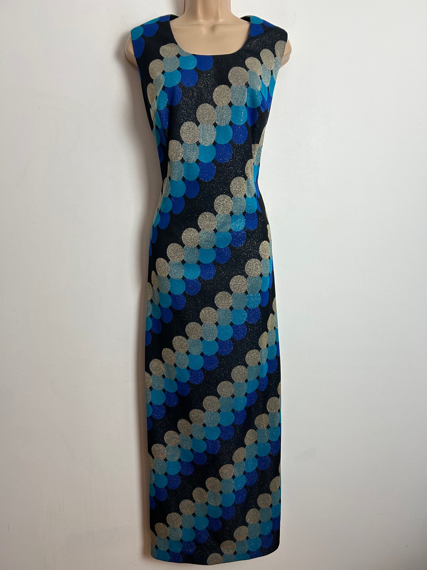 Vintage 1970s UK Size 12-14 Black Blue Silver & Gold Lurex Circle Print Sleeveless Colum Occasion Evening Maxi Dress