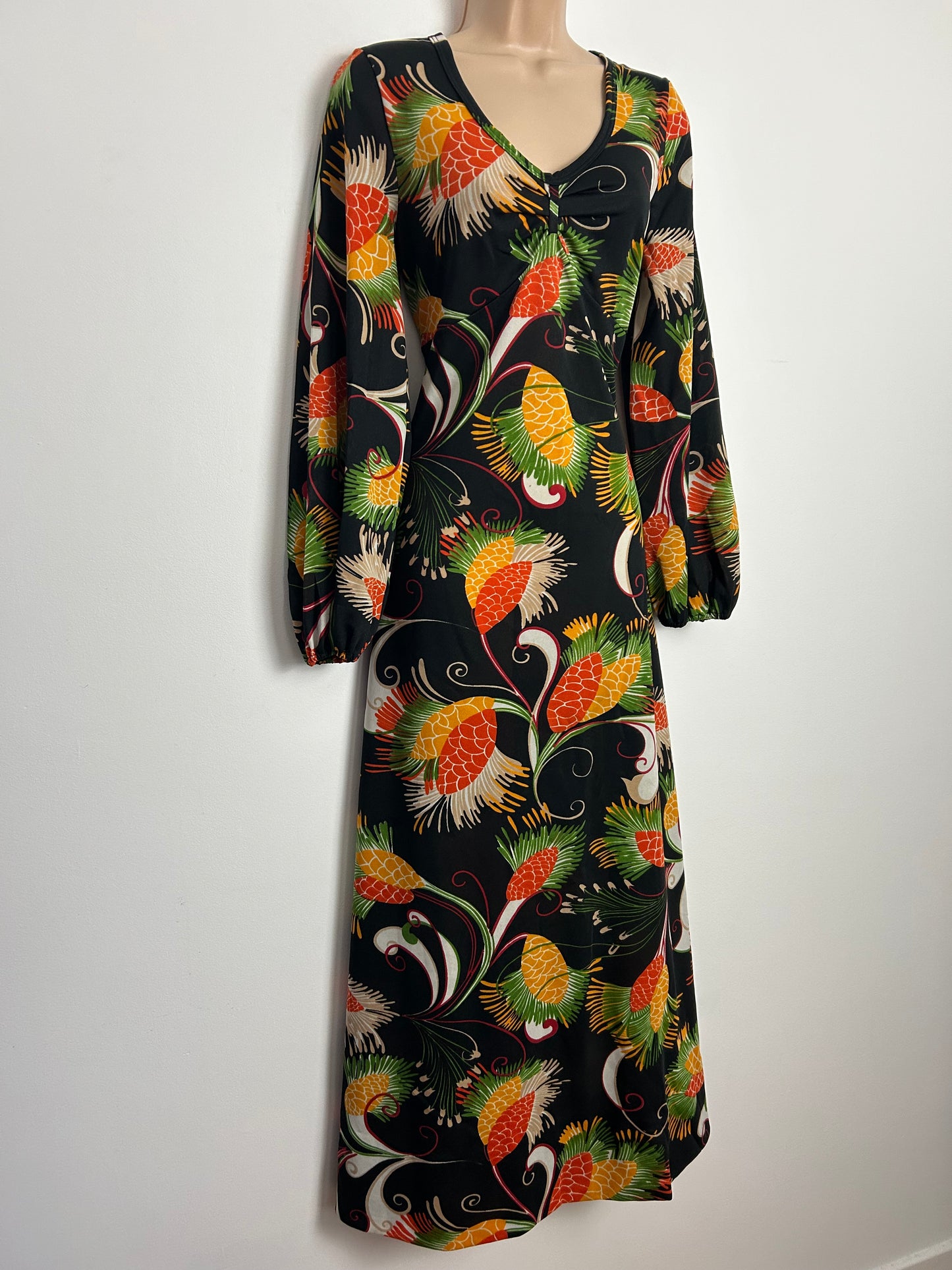 Vintage 1970s Size 10-12 Black Orange Yellow & Green Stylised Floral Print Long Sleeve Maxi Dress