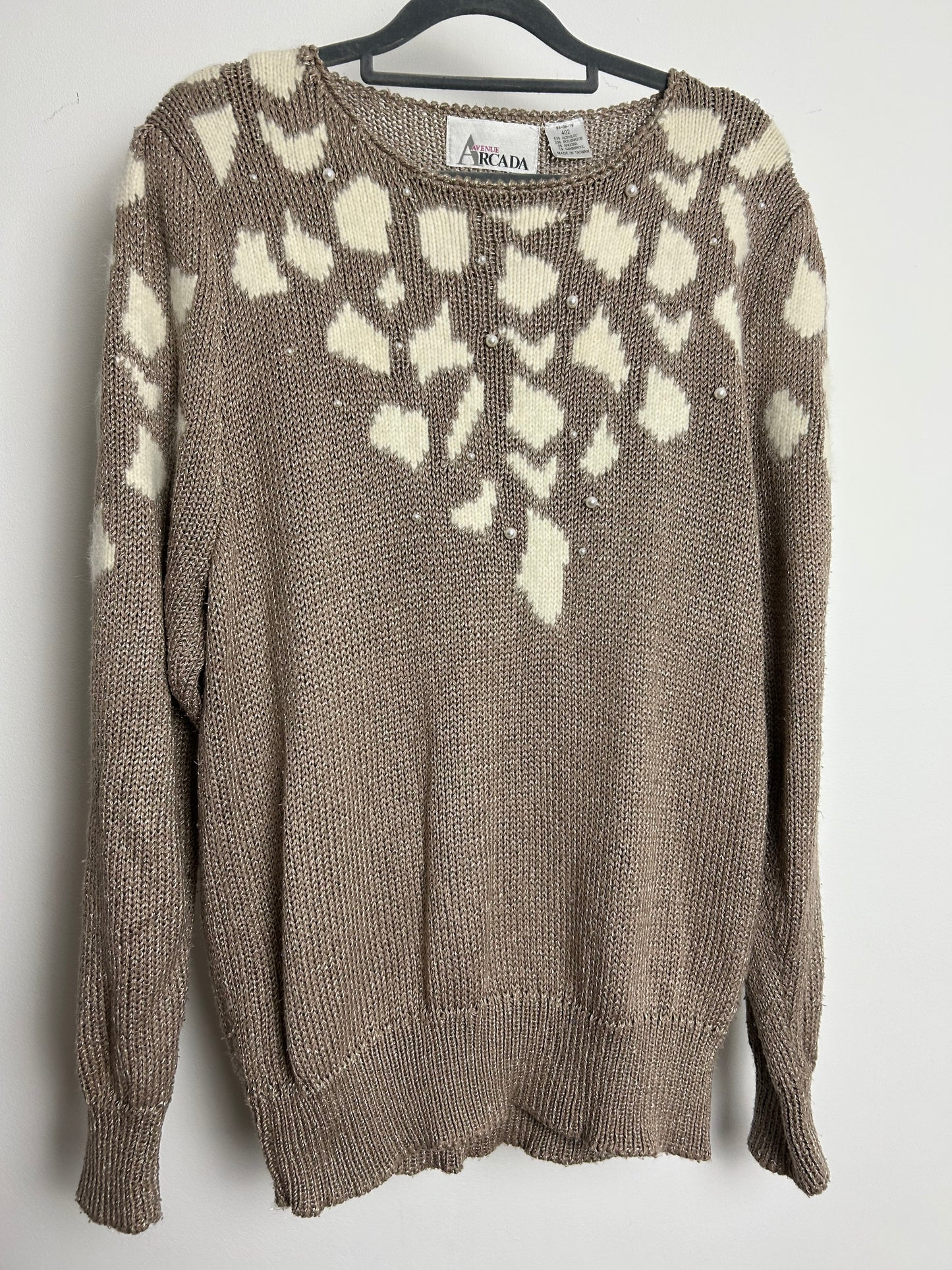Vintage 1980s ARCADIA AVENUE Up To Size 14/16 Light Brown & Cream Animal Print Bead Detail Jumper