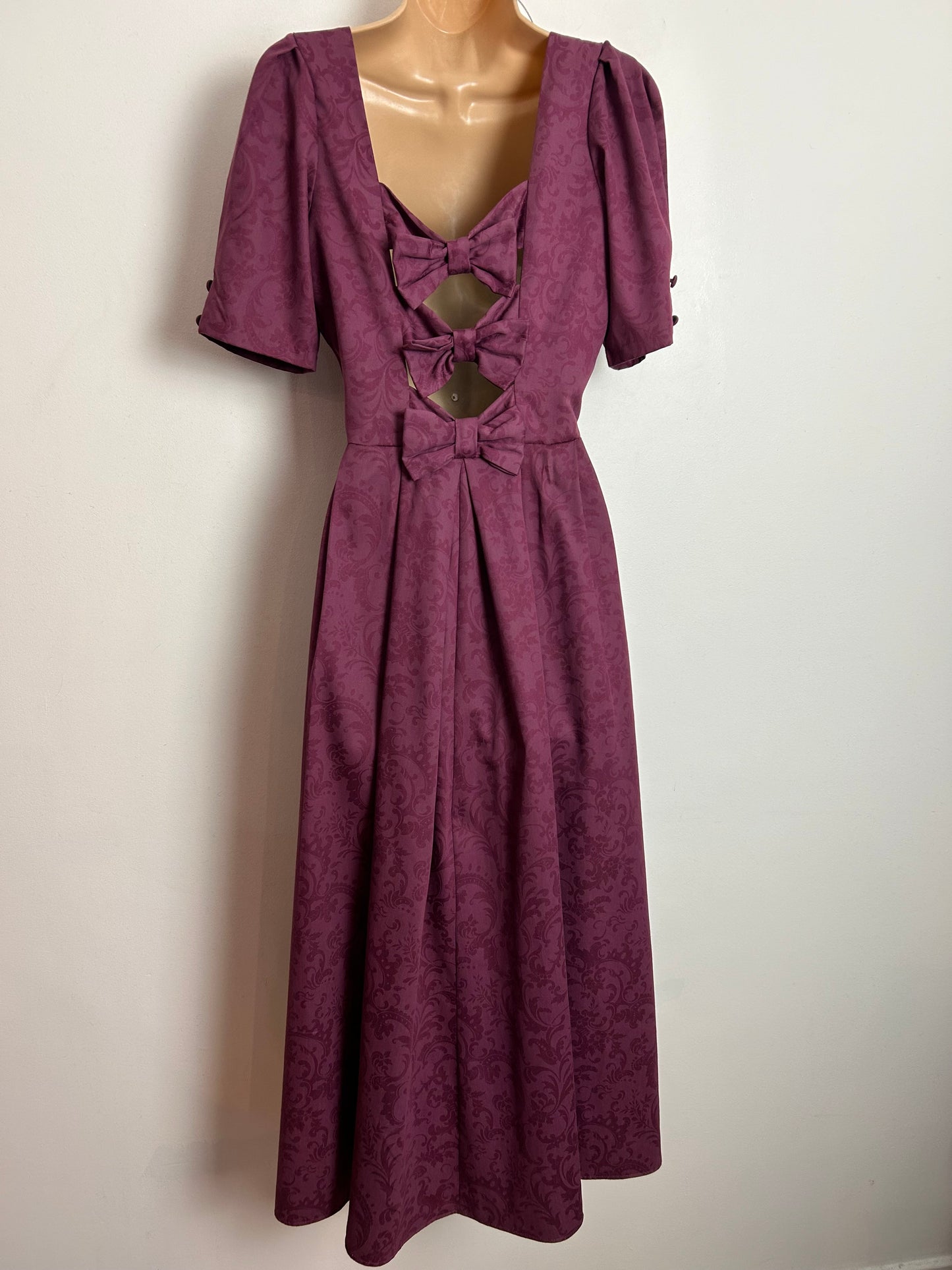 Vintage 80s LAURA ASHLEY UK Size 8-10 (UK Size 12) Plum Purple Floral Bow Open Bow Back Midi Dress
