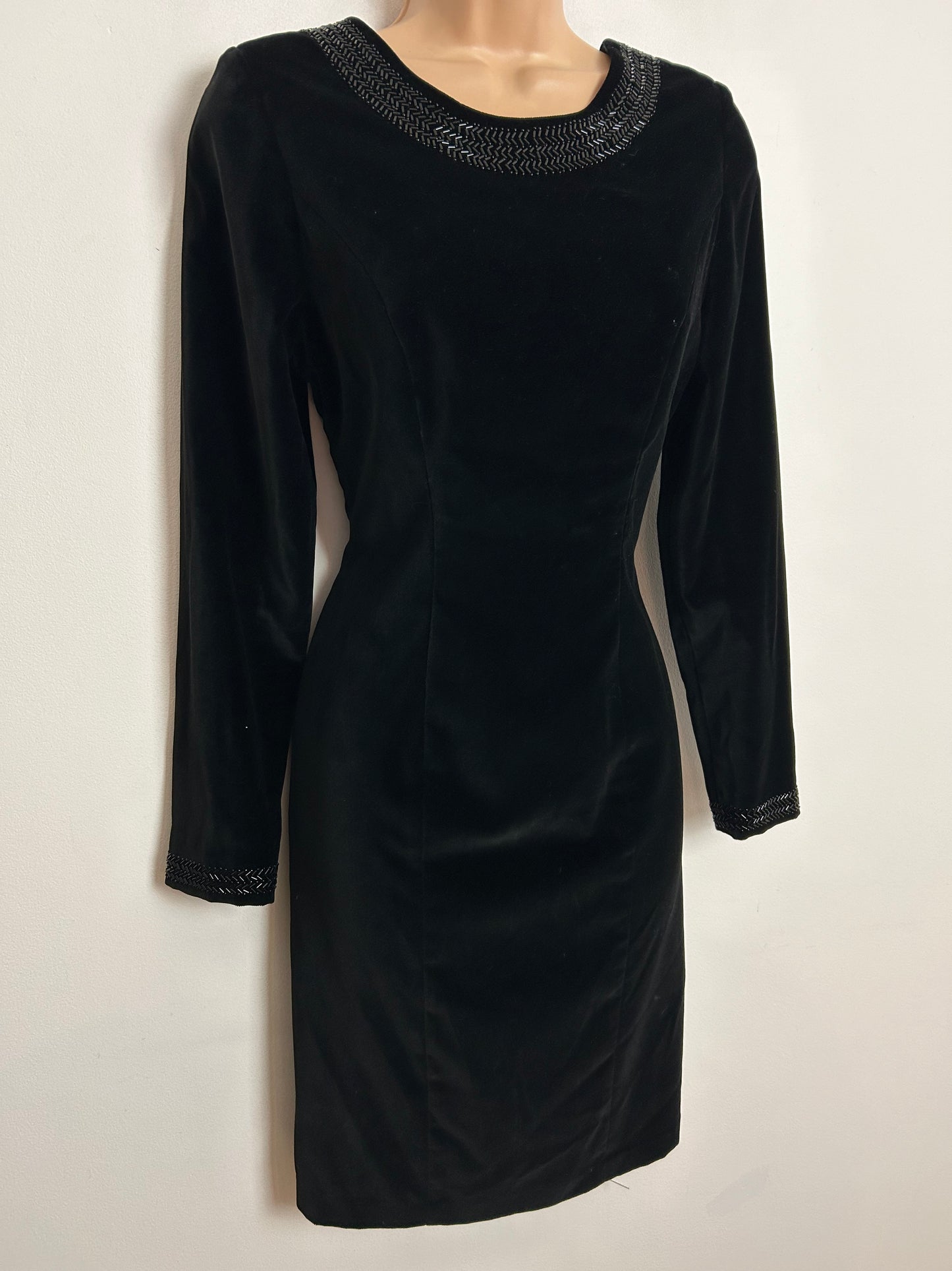 Vintage 80s 90s LAURA ASHLEY UK Size 8 Black Velvet Beaded Scooped Back Fitted Wiggle Dress