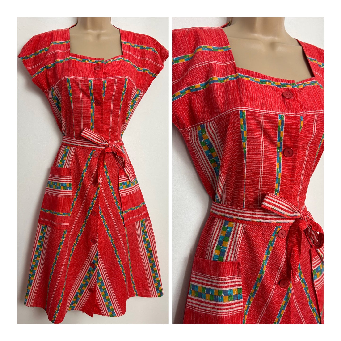 Vintage 1970s Size 8 Cute Red Stripe Print Short Cap Sleeve Belted Cotton Day Dress