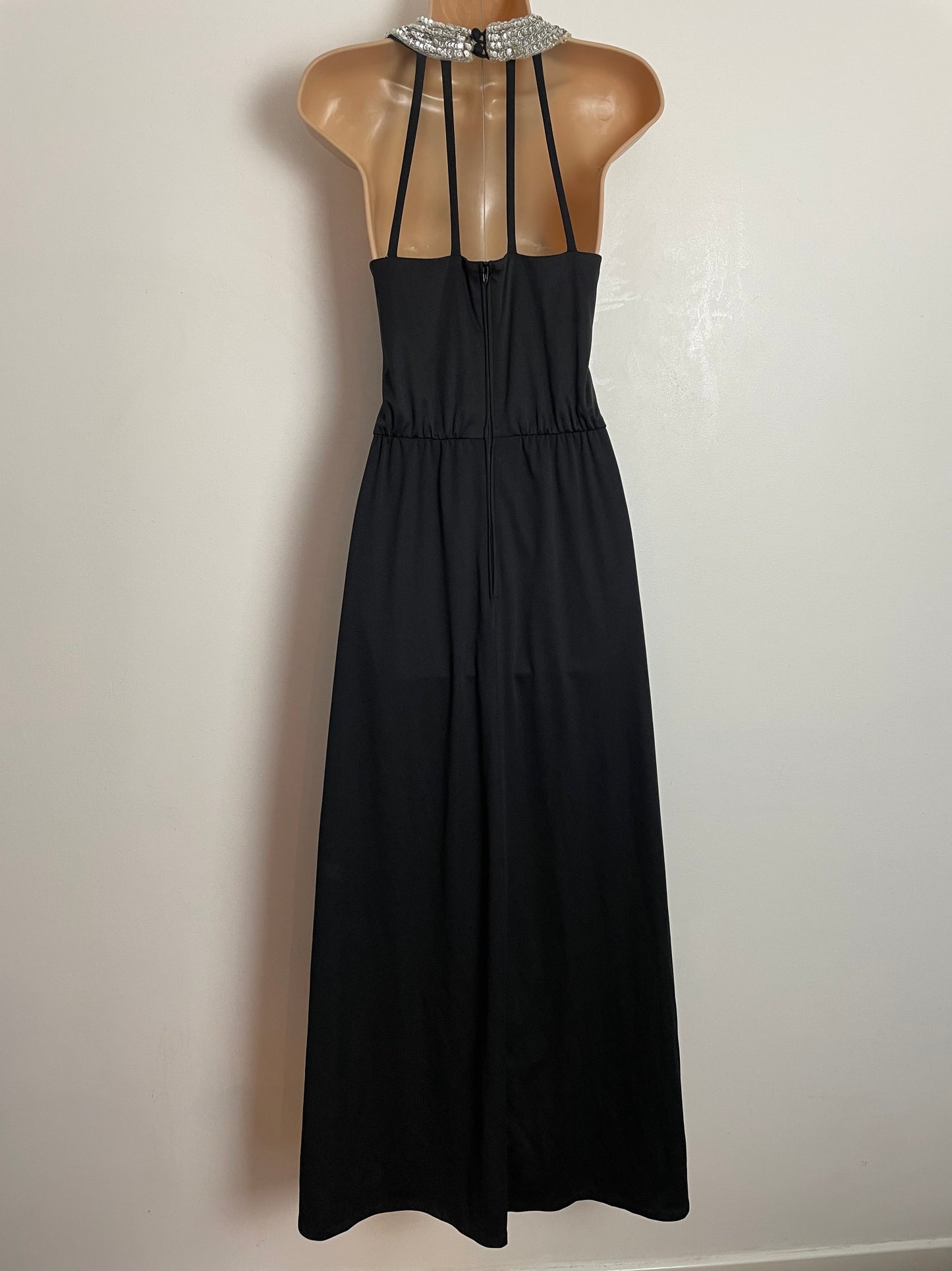 Vintage 1970s UK Size 10 Black Silver Sequin Halterneck Cage Back Evening Maxi Dress