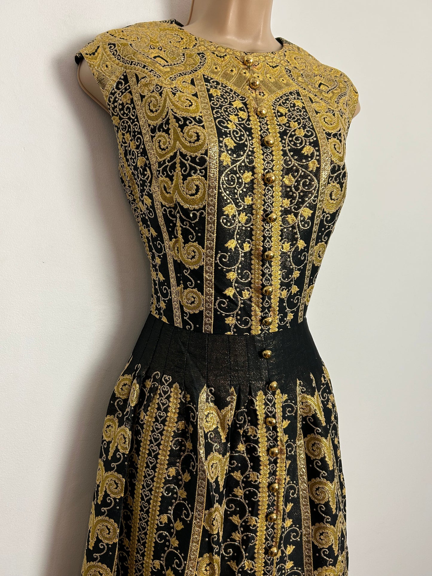 Vintage 1970s DWEIGLER MODELL UK Size 10 Stunning Black & Metallic Gold Brocade Christmas Evening Maxi Dress