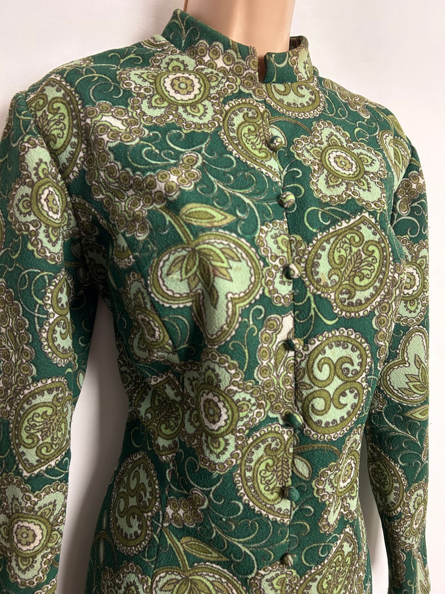 Vintage 1960s UK Size 12-14 Green Tones Floral Print Crimplene Mini Mod Shift Dress