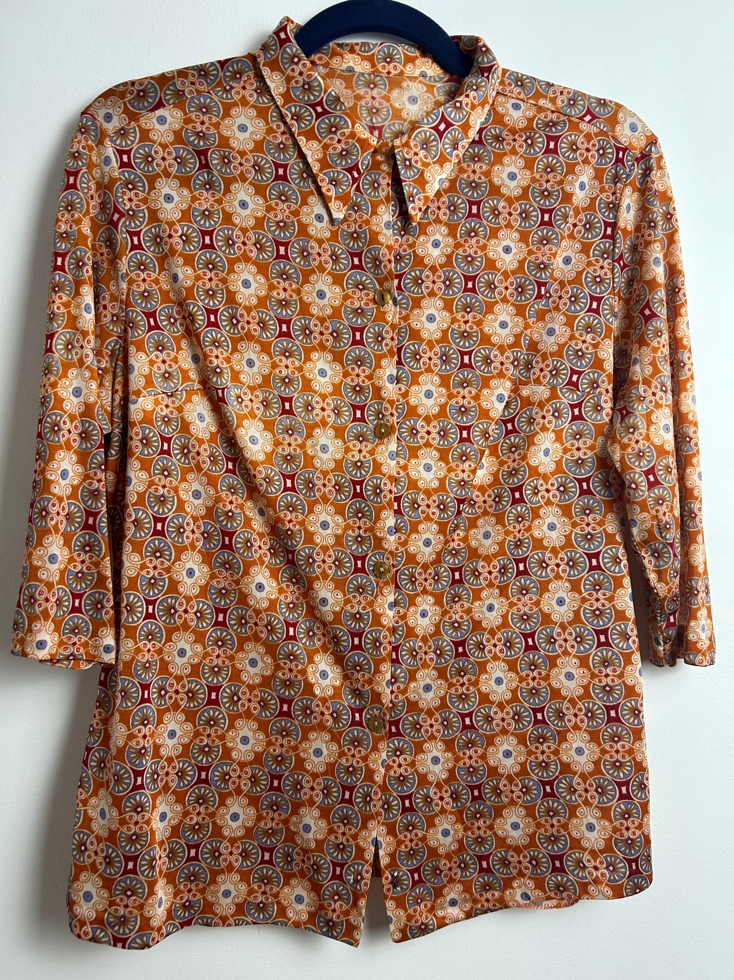 Vintage 1970s Size 12-14 Rusty Orange Blue & Dark Red Abstract Circle Print Long Sleeve Shirt