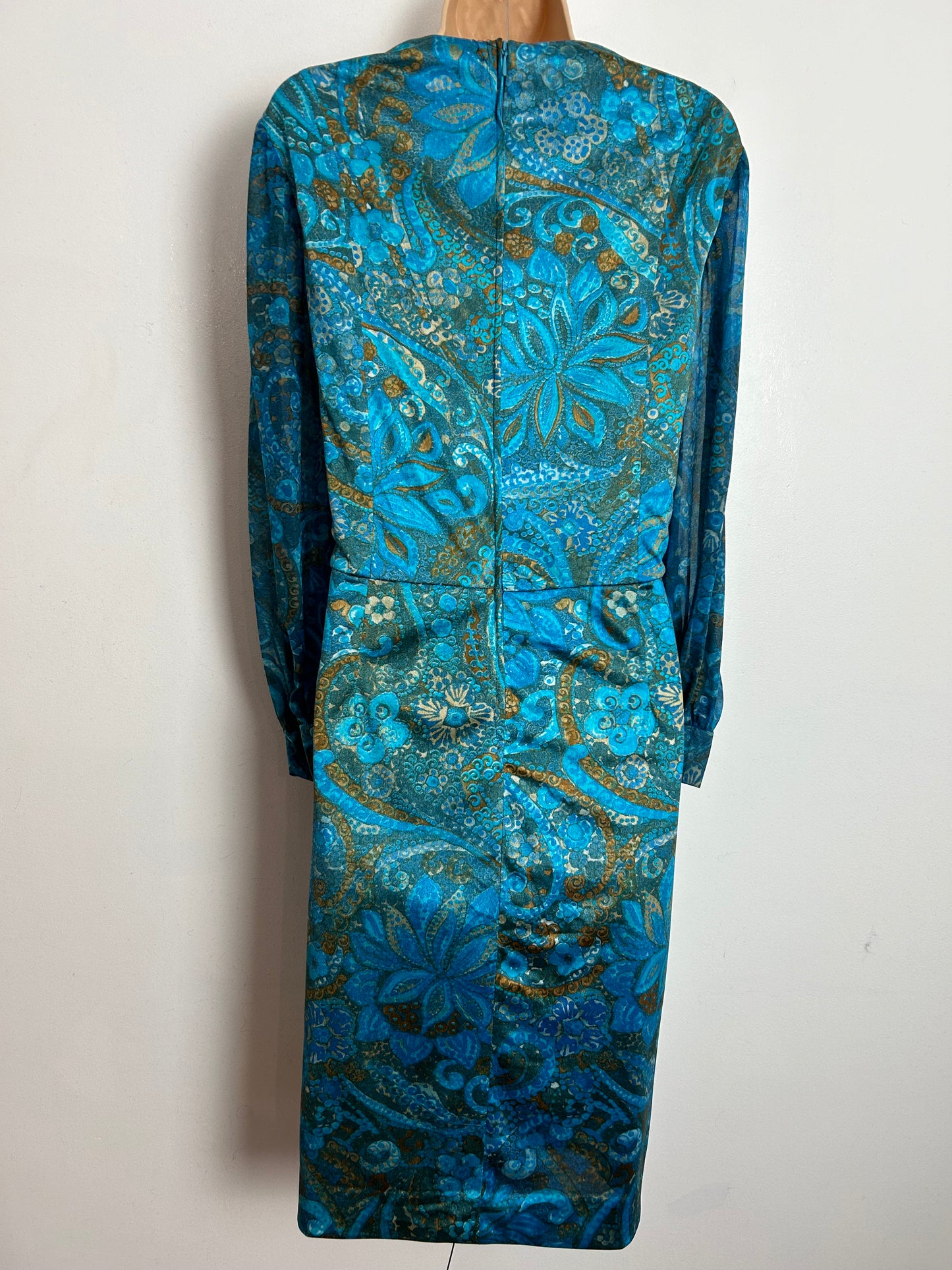 Vintage 1960s SCHWORM MODELL UK Size 14 Blue Tones Floral Print Long Sleeve Dress