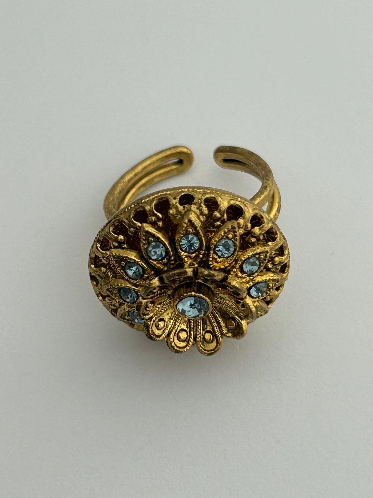 Vintage Gold Tone Base Metal & Blue Diamante Set Adjustable Ring Up To Size M