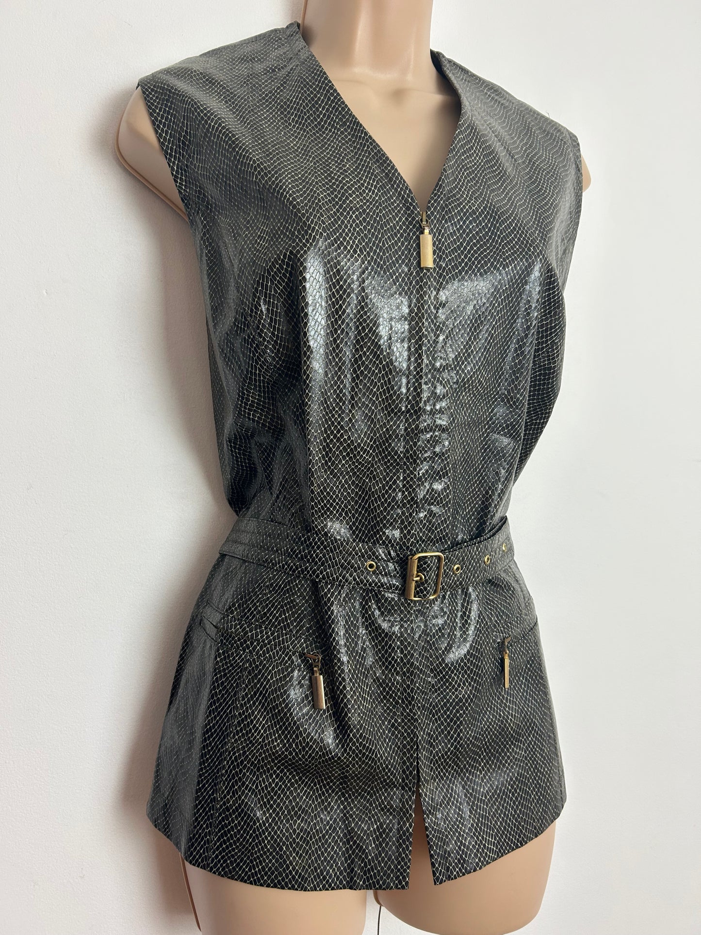 Vintage 1980s BETTY BARCLAY Size 12 Brown Faux Leather Reptile Skin Belted Zip Front Waistcoat Gilet Style Top