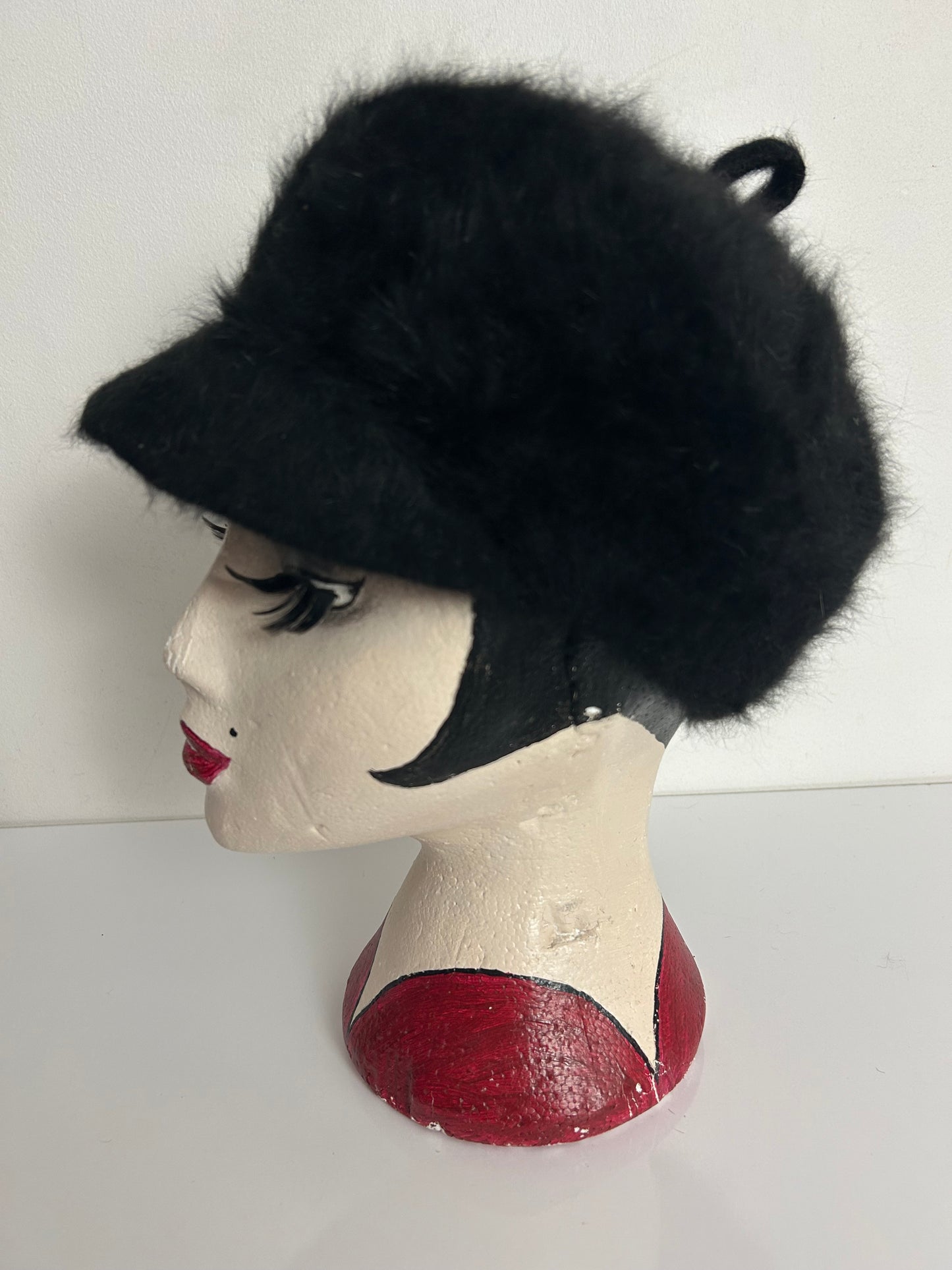 Vintage 1960s MAYSER MILZ Black Angora & Wool Mix Baker Boy Style Hat