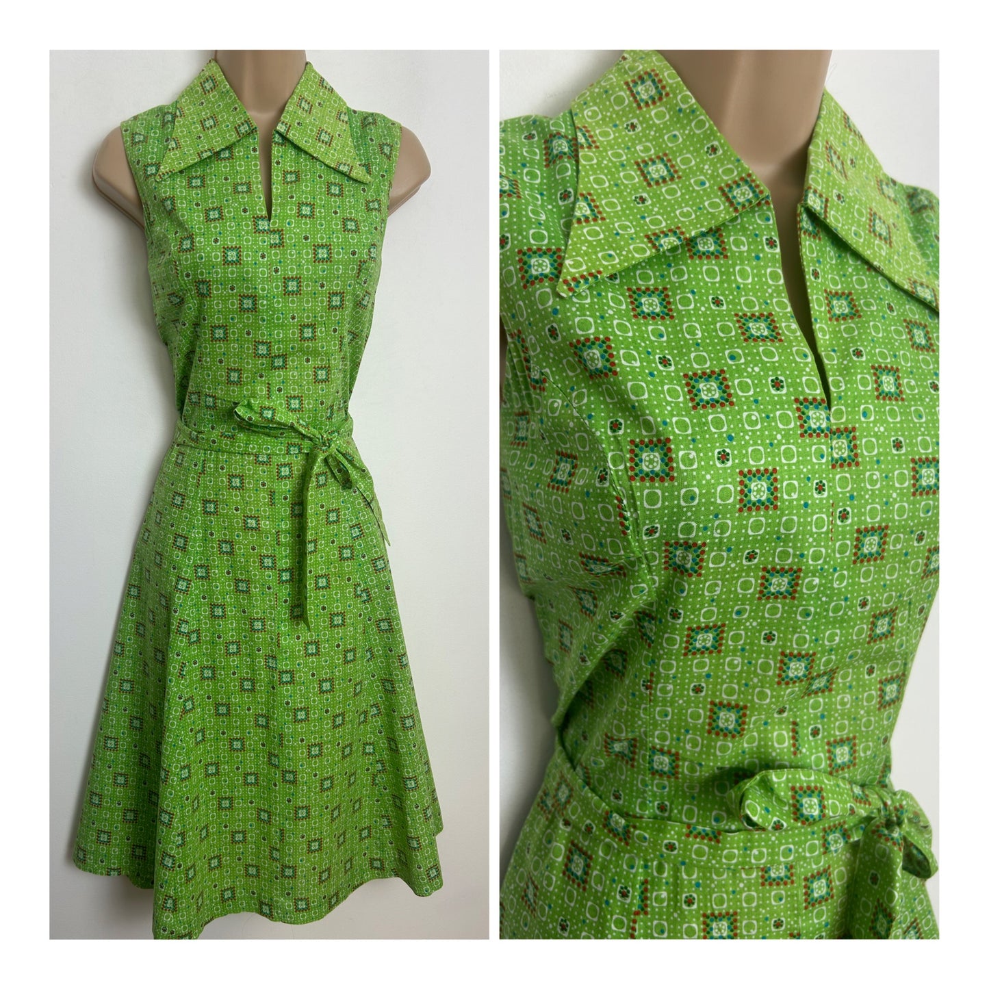 Vintage 1970s Size 8 Cute Green Geo Print Dagger Collar Sleeveless Belted Fit & Flare Mod Day Dess