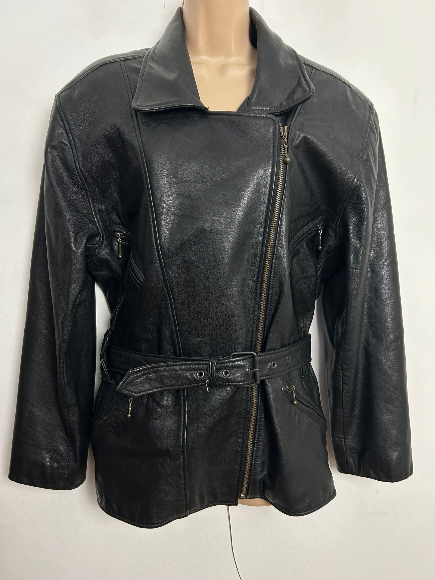 Vintage 1980s J.I.F (Just In Fashion) UK Size 14-16 Black Leather Zip Fronted Pocket Detail Belted Biker Style Jacket