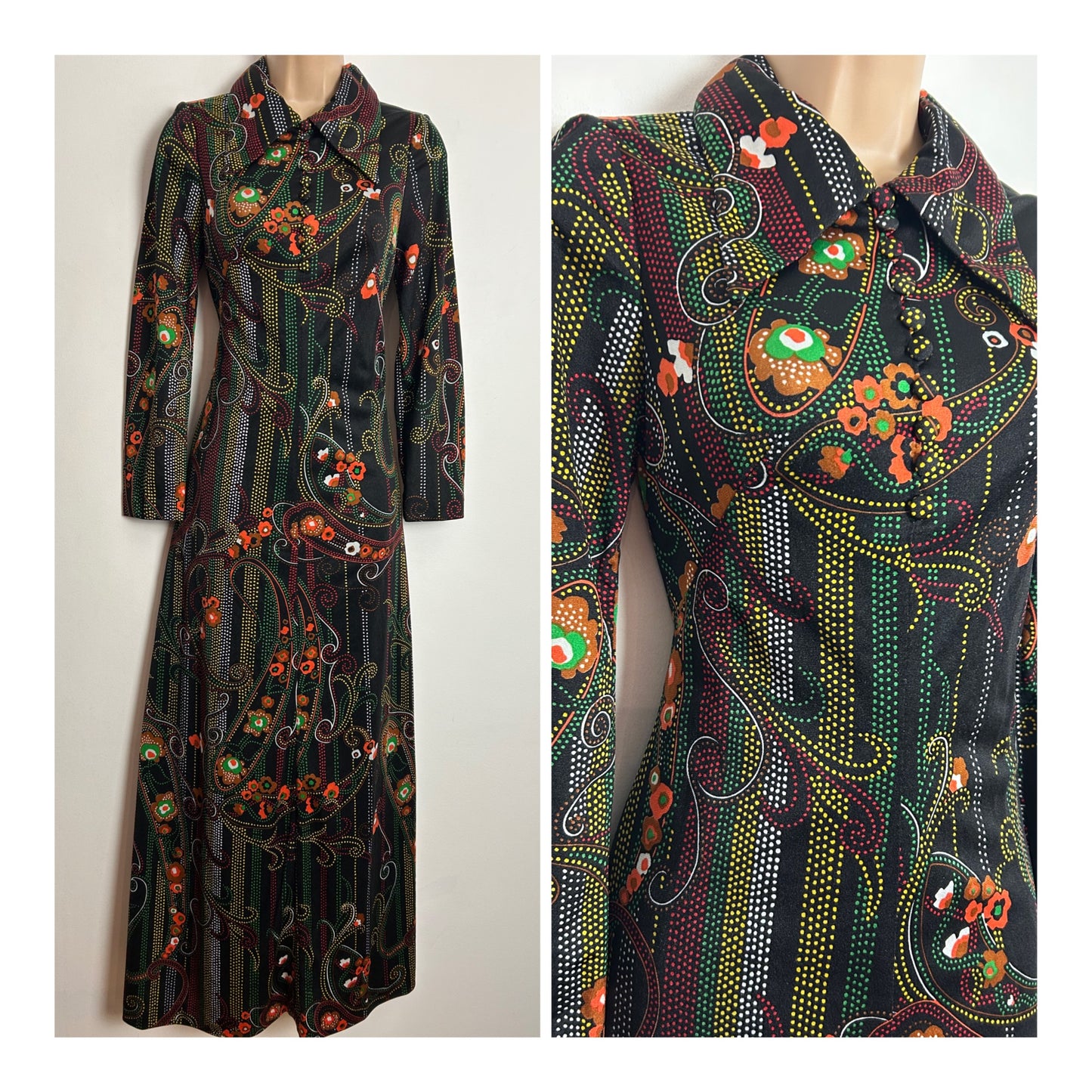 Vintage 1970's UK Size 6-8 Black Orange Brown Green & Yellow Floral & Spot Print Long Sleeve Maxi Dress