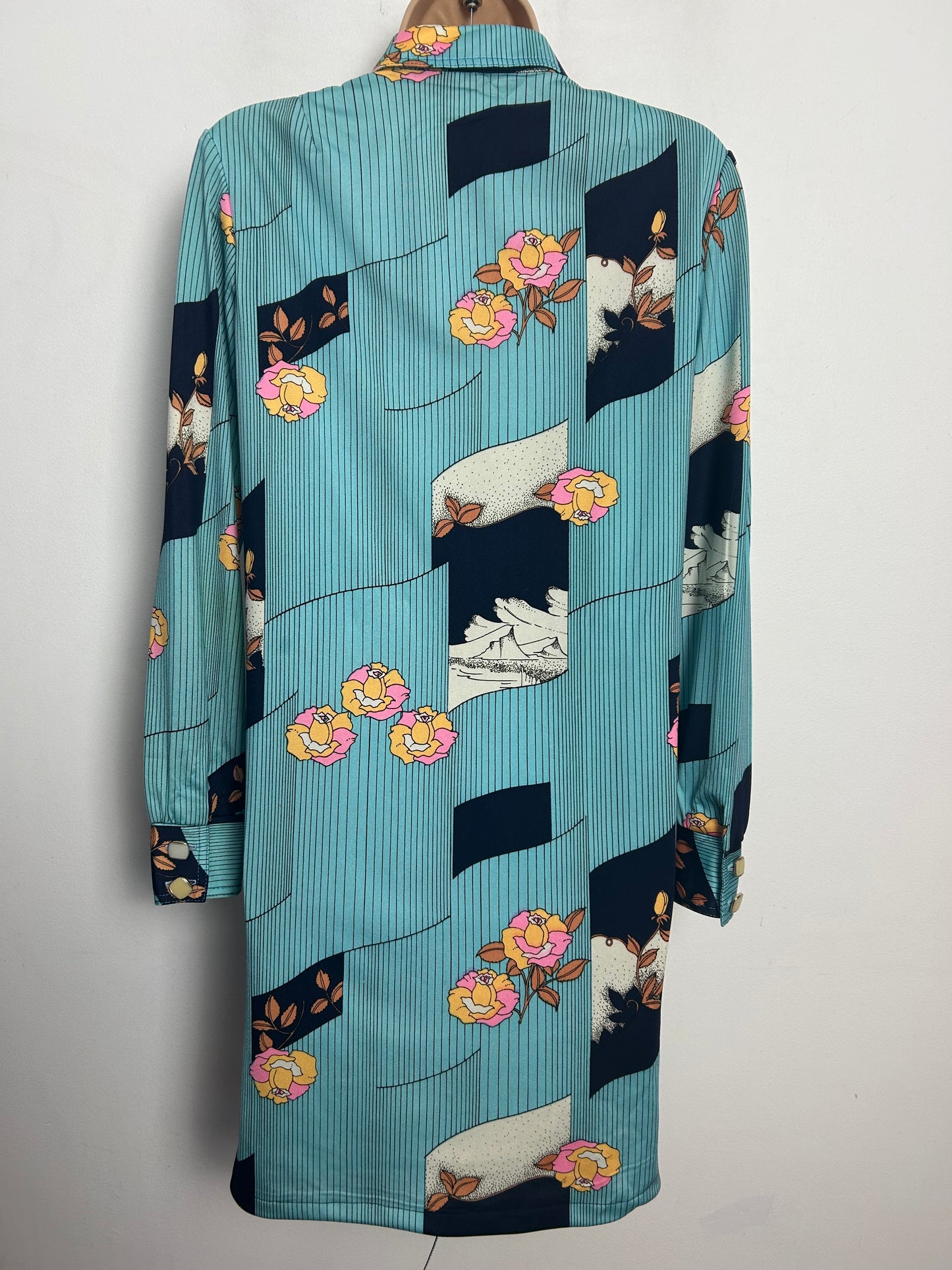 Vintage 1970s UK Size 10 Blue Pink White & Sandy Beige Floral & Stripe Print Long Sleeve Mod Dress