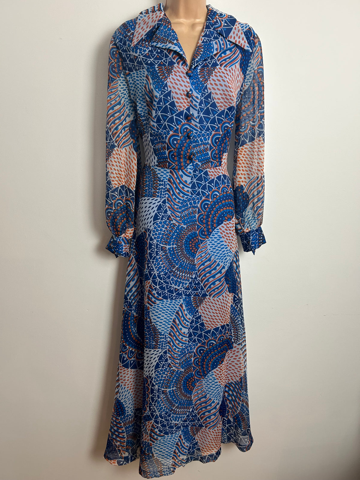Vintage 1970s 14 Blue & Orange Abstract Print Dagger Collar Long Sleeve Chiffon Maxi Dress
