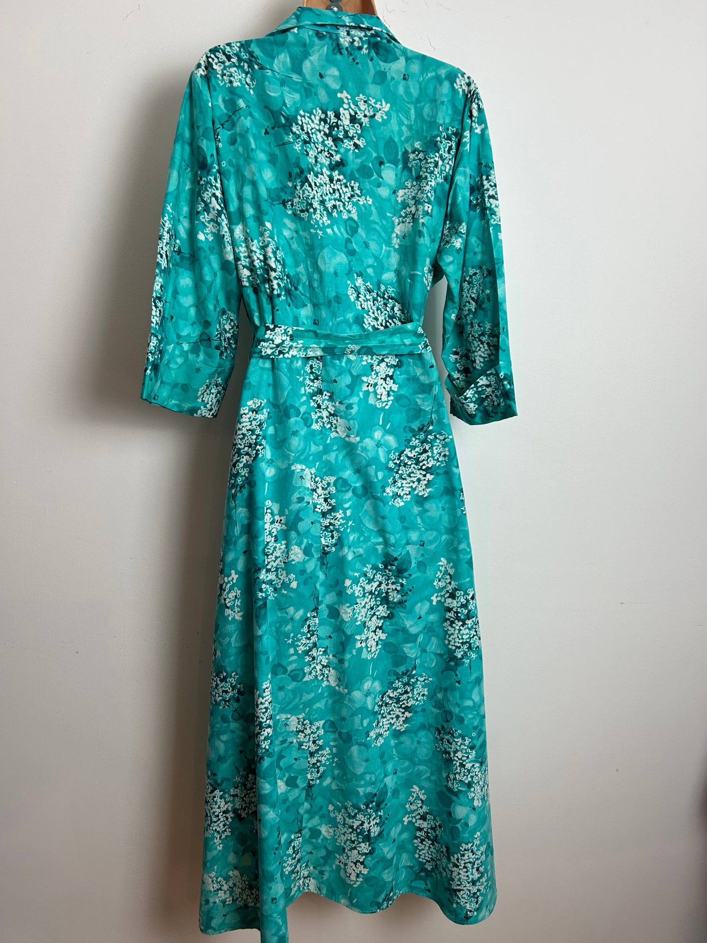 Vintage Late 1940s Early 1950s Size 12-14 JENNY WREN Turquoise green & White Floral Print Cotton Belted Dressing Gown