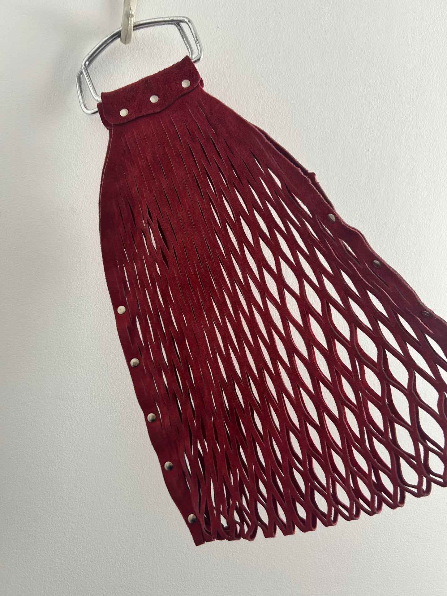 Vintage Late 1960s Red Suede Leather Lattice Cutwork Stretchy Boho Bag