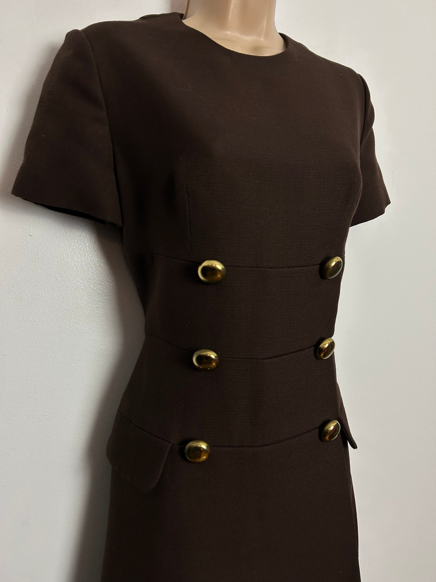 Vintage 1960s UK Size 10 Chocolate Brown Pure New Wool Military Style Short Sleeve Mod Dress