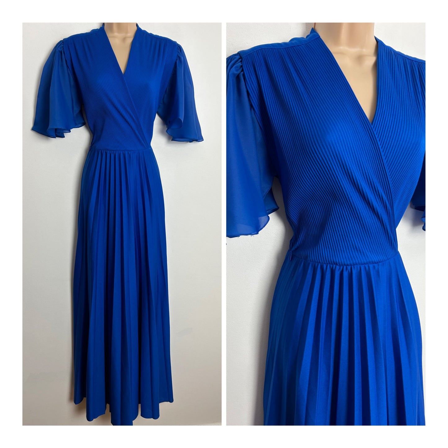 Vintage 1970s UK Size 10 Electric Blue Plisse Pleated Flared Short Flared Sleeve Pleated Maxi Dress