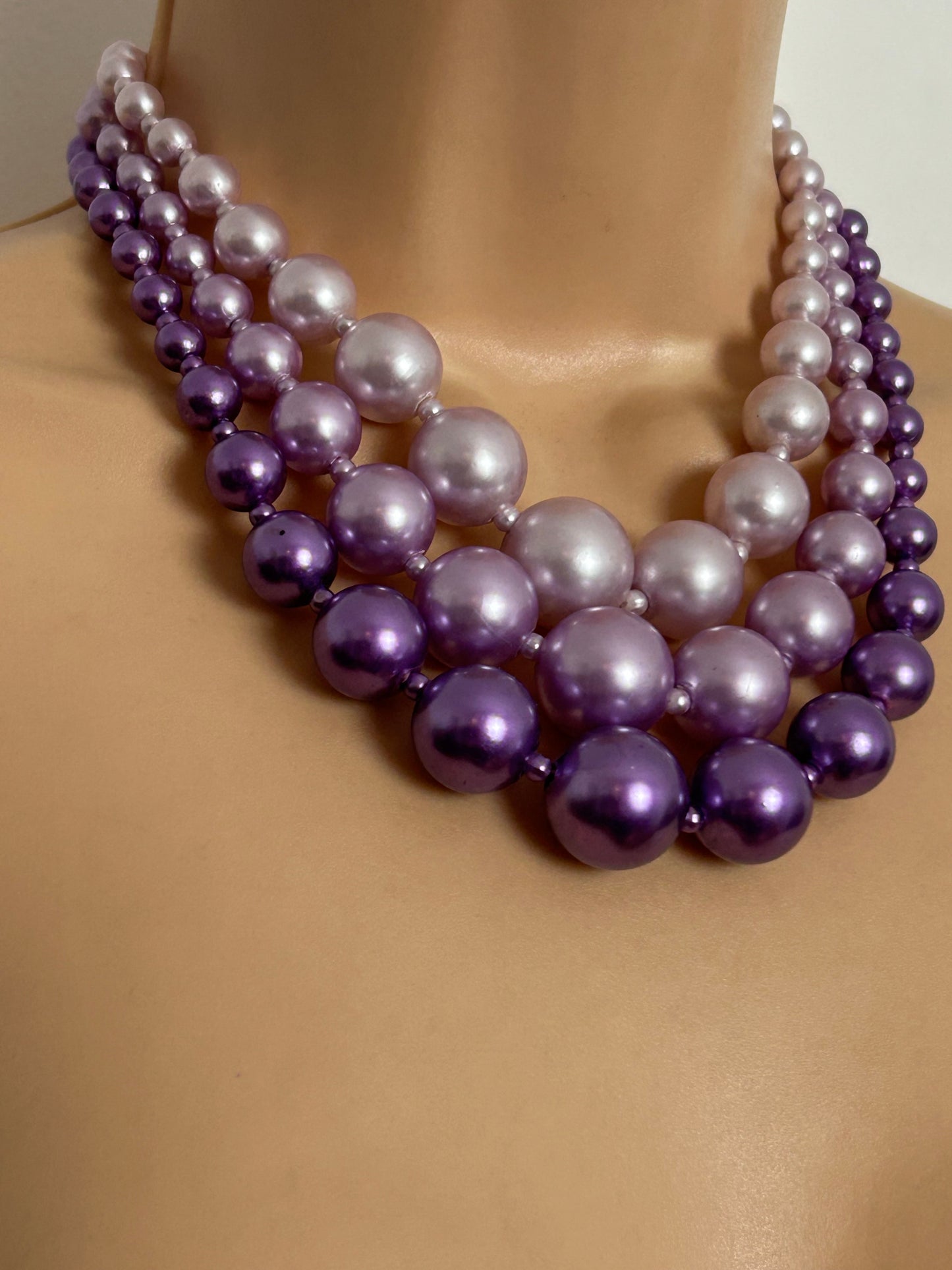 Vintage 1960s HONG KONG Stamped Pink Lilac & Purple Triple Strand Graduating Chunky Bead Choker Necklace