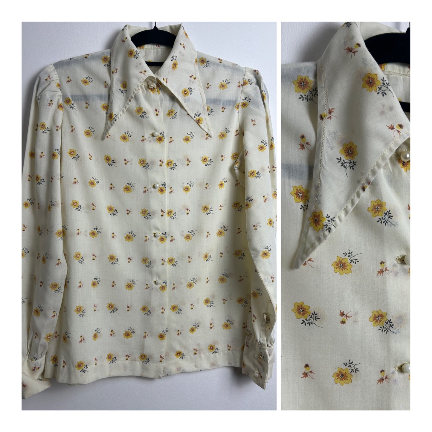 Vintage 1970s Size 12 Cream & Dark Yellow Floral Print Dagger Collar Long Sleeve Cotton Mix Shirt