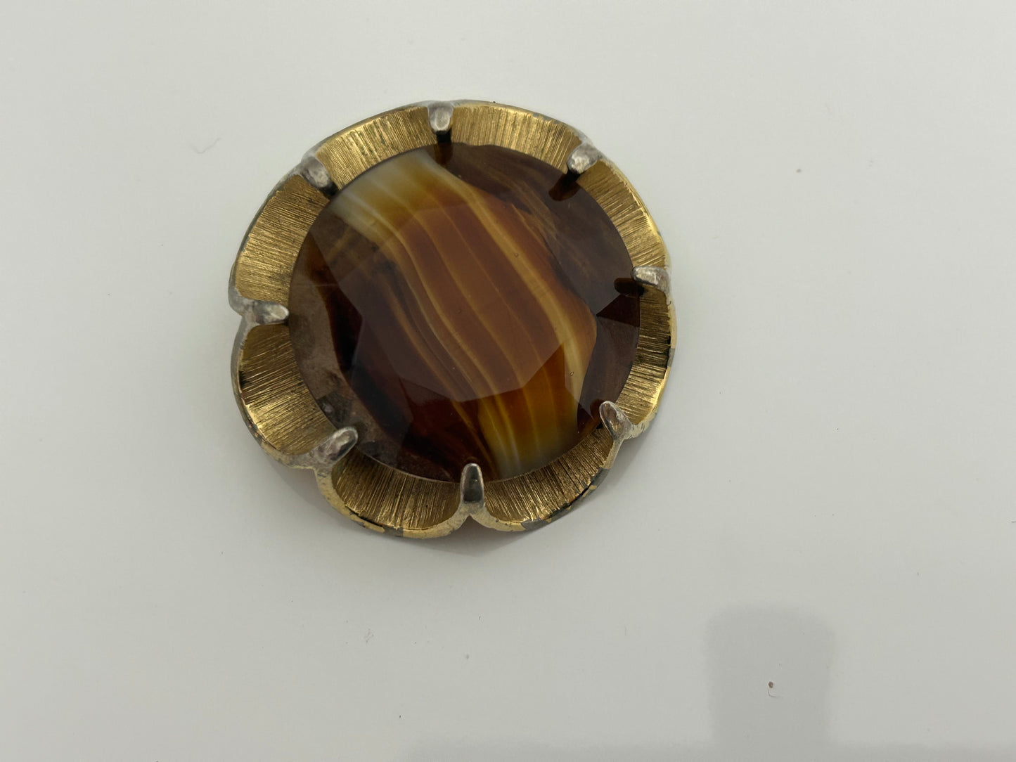 Vintage 1960s Large Celtic Scottish Gold Tone Brown Banded Glass Brooch