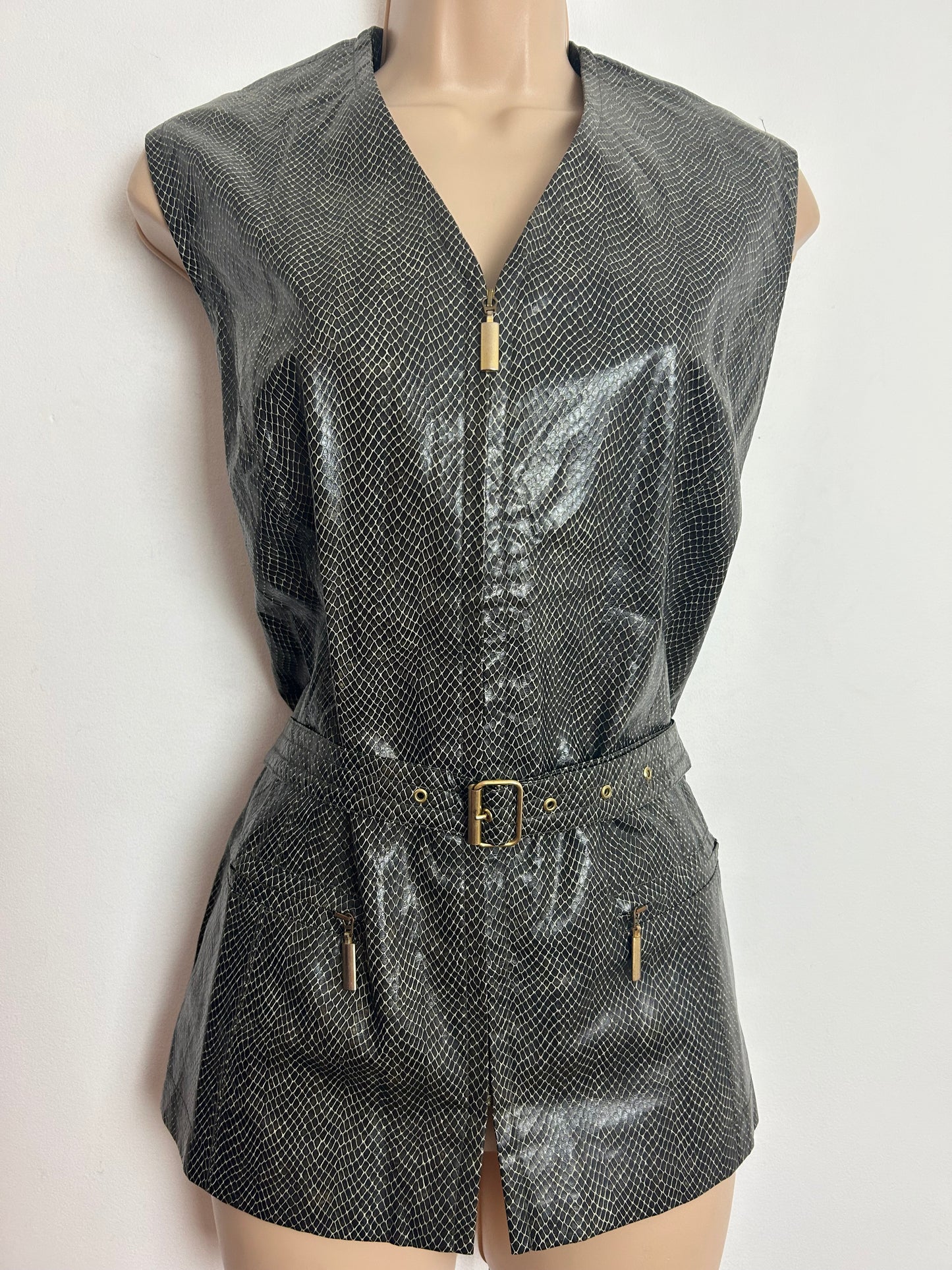 Vintage 1980s BETTY BARCLAY Size 12 Brown Faux Leather Reptile Skin Belted Zip Front Waistcoat Gilet Style Top