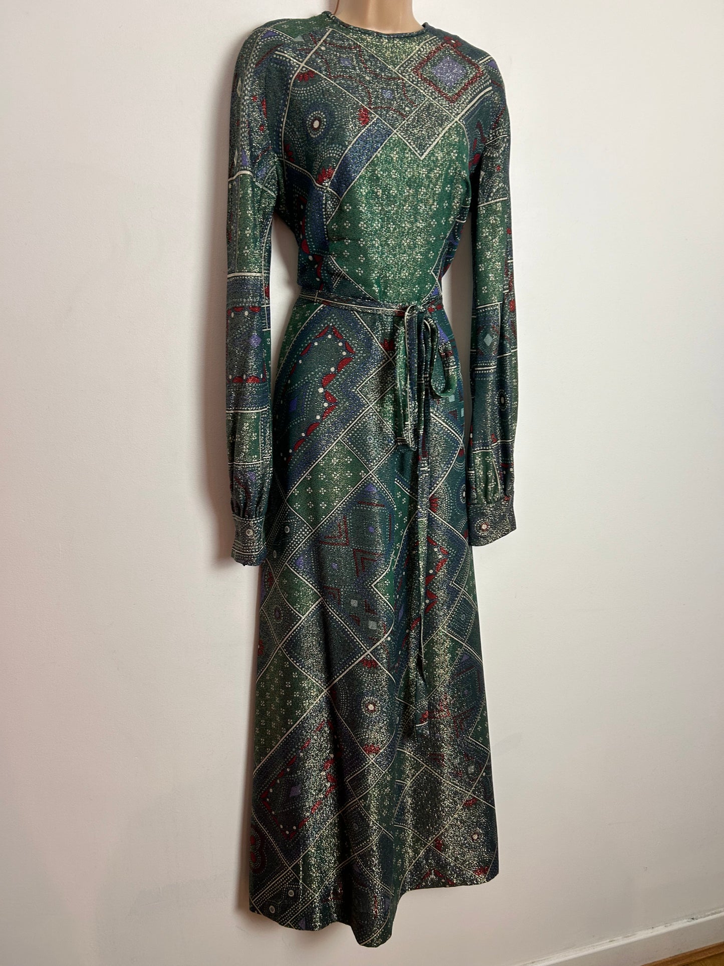Vintage 1960s PANACHE BY ELIZABETH HENRY UK Size 12-14 Gorgeous Green Red & White Floral Check & Spot Print Lurex Occasion Maxi Dress
