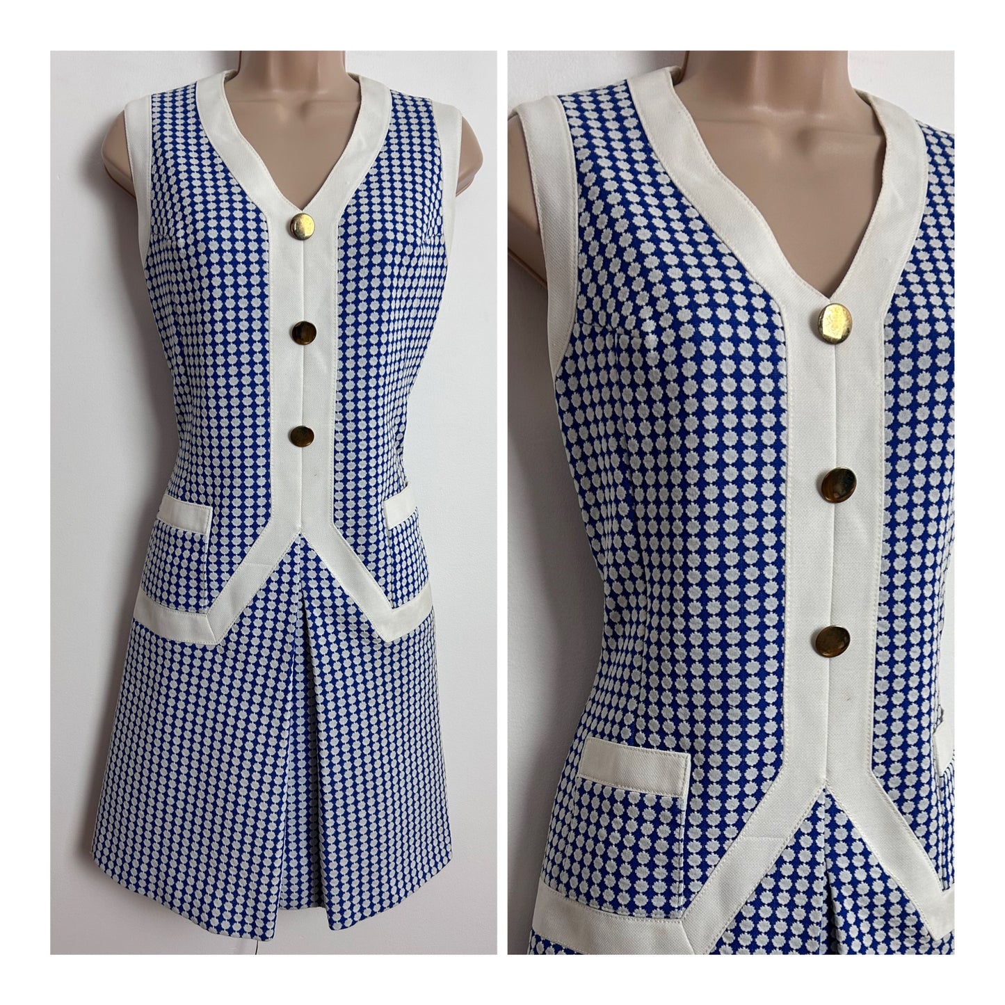 Vintage 1960s UK Size 10 LUCIE LINDEN Blue & White Abstract Pattern Sleeveless Mod Shift Dress