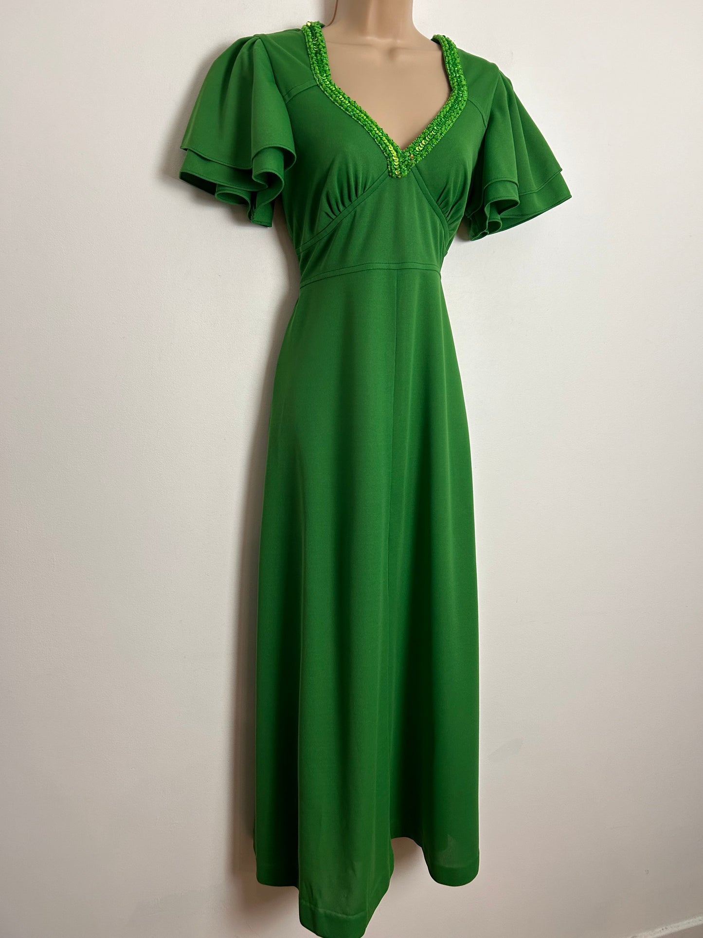 Vintage 1970s UK Size 10 Green Sequin Detail Short Layered Flared Sleeve Tie Back Boho Maxi Dress