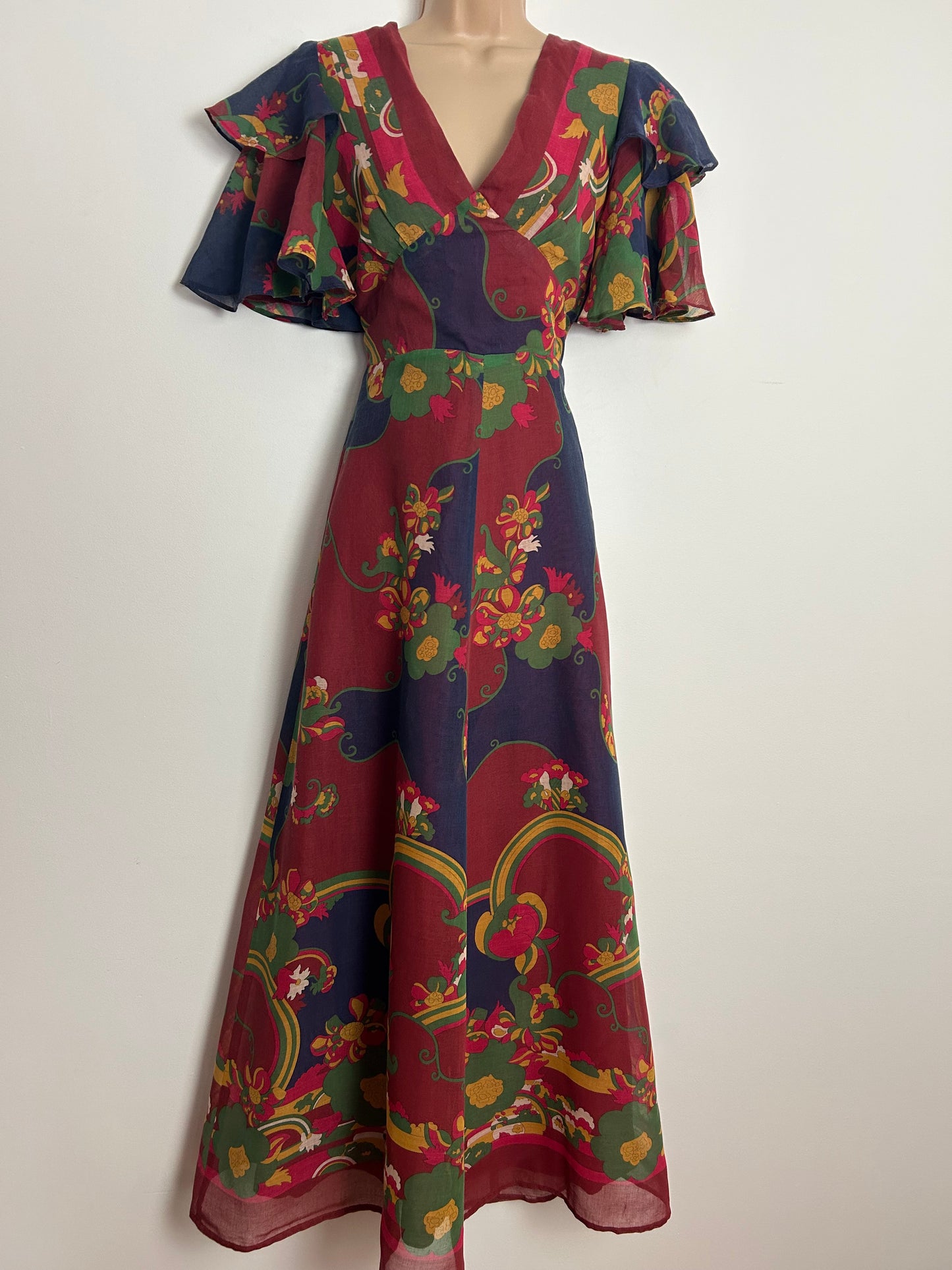 Vintage 1970s (SAMUEL) SHERMAN OF LONDON Size 8 Maroon Navy Blue & Green Floral Print Flutter Sleeve Maxi Dress