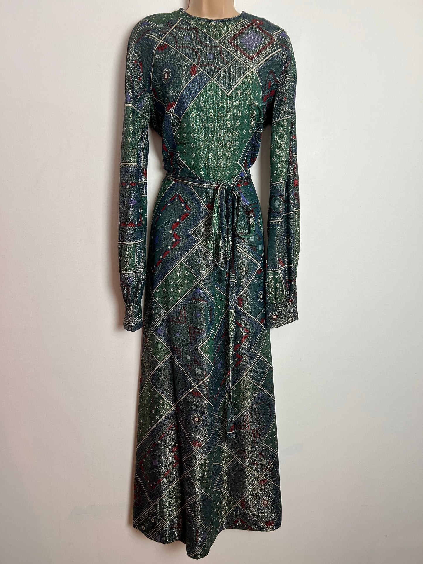 Vintage 1960s PANACHE BY ELIZABETH HENRY UK Size 12-14 Gorgeous Green Red & White Floral Check & Spot Print Lurex Occasion Maxi Dress