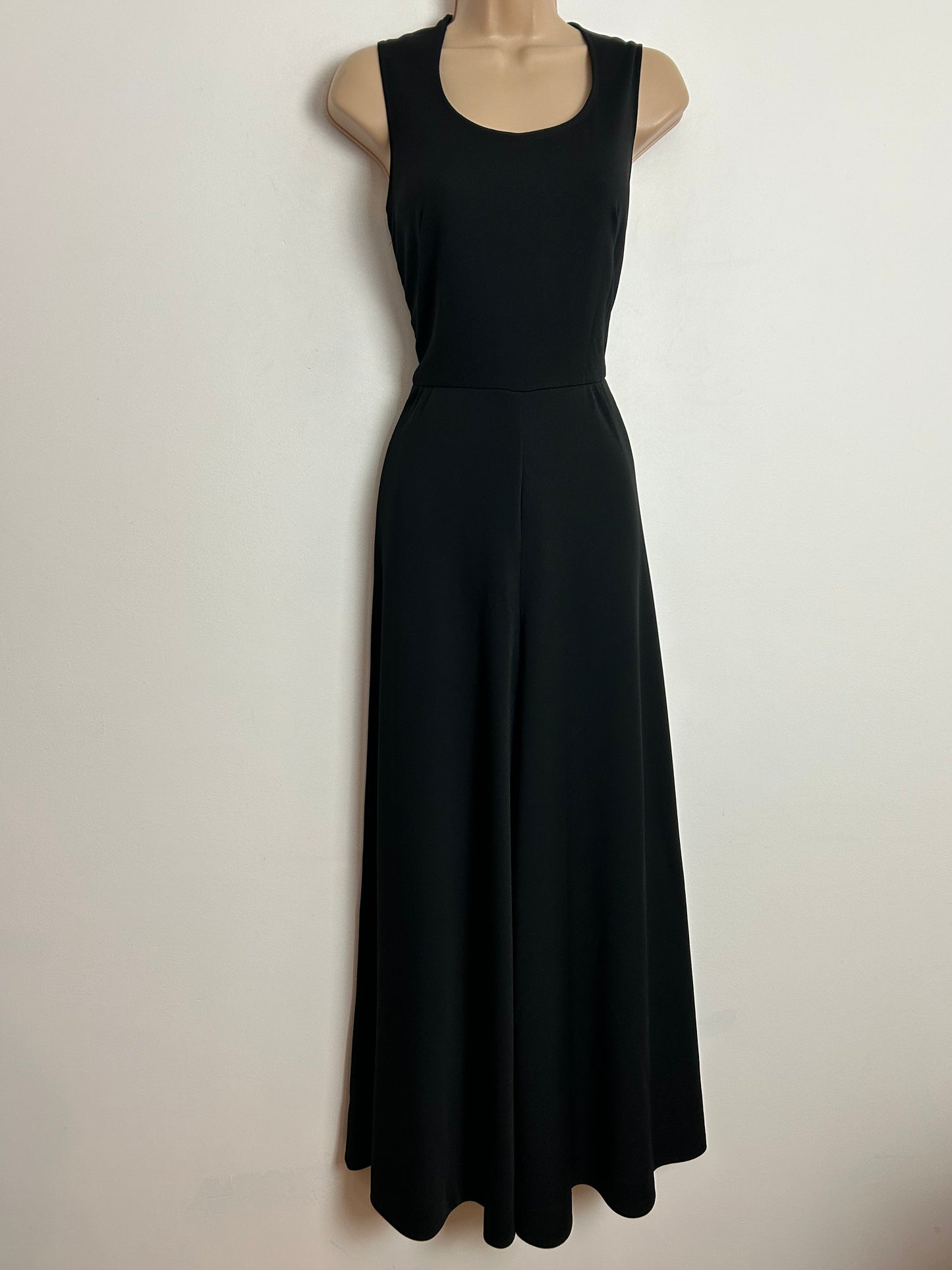 Vintage 1970s UK Size 6-8 Black Sleeveless Wide Leg Palazzo Jumpsuit