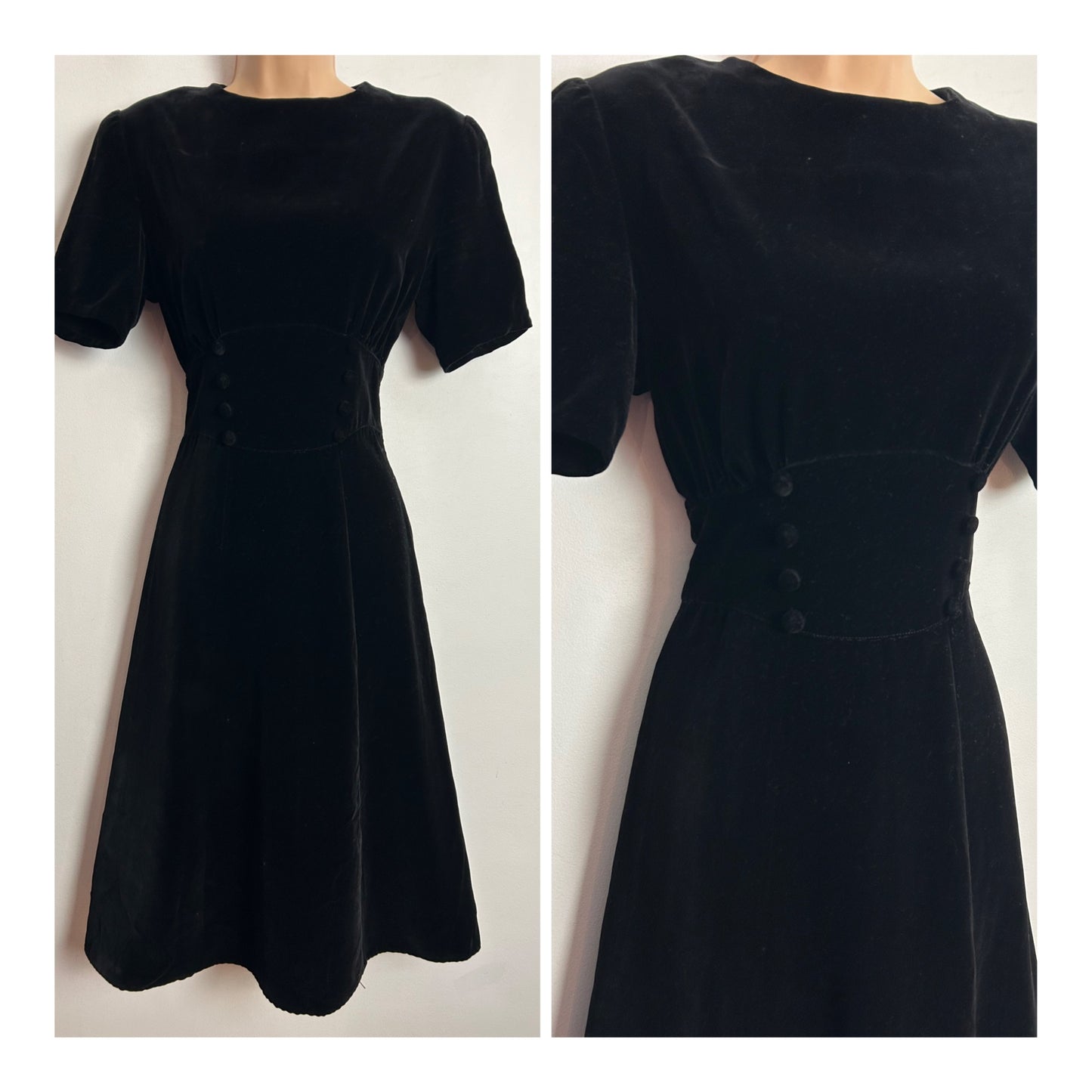 Vintage 1950s UK Size 8 Black Velvet Short Sleeve Xmas Party Mod Dress