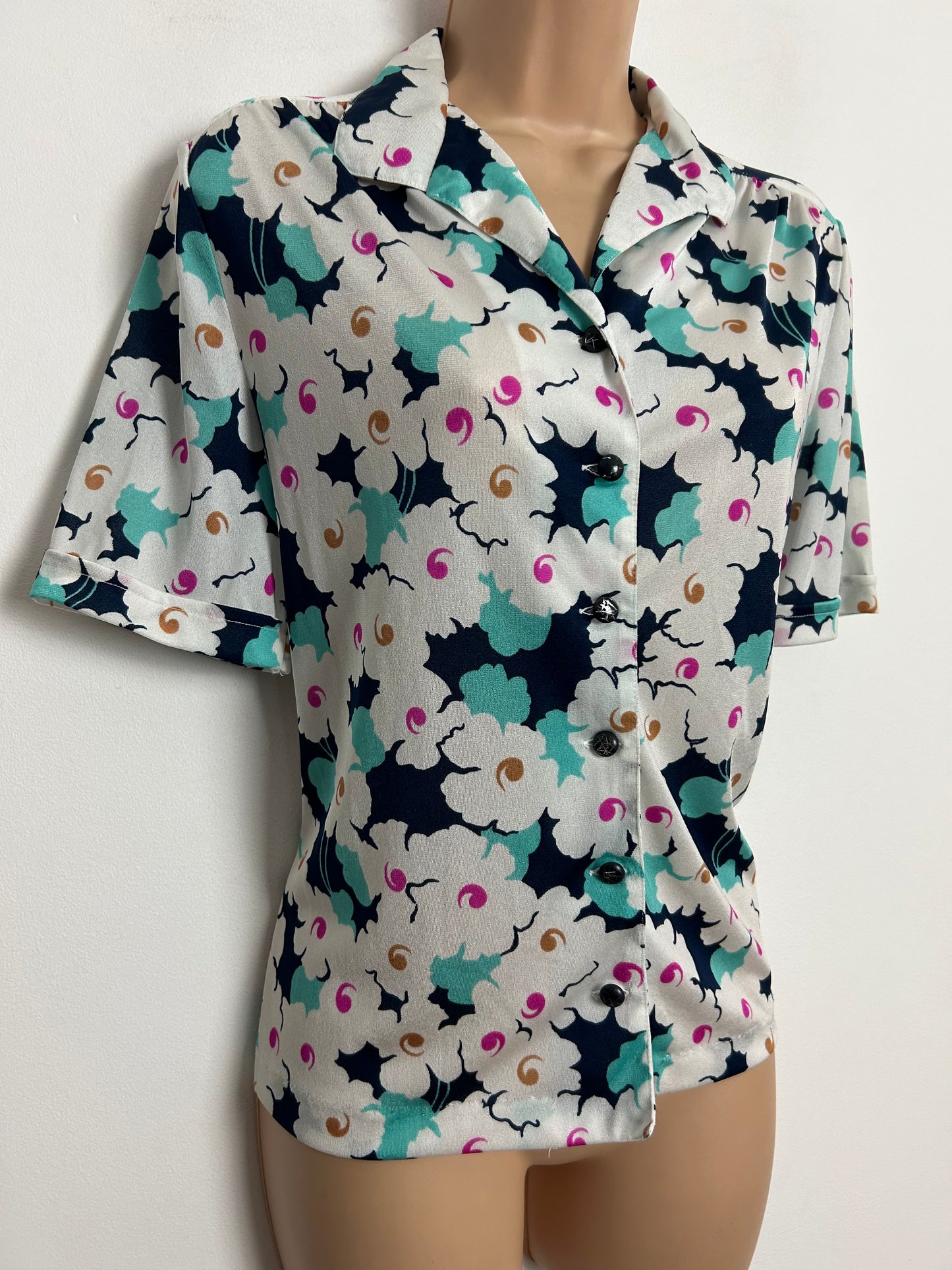 Vintage Early 1980s ORSETTO Italian UK Size 10-12 White Navy Blue & Mint Green Floral Print Short Sleeve Shirt