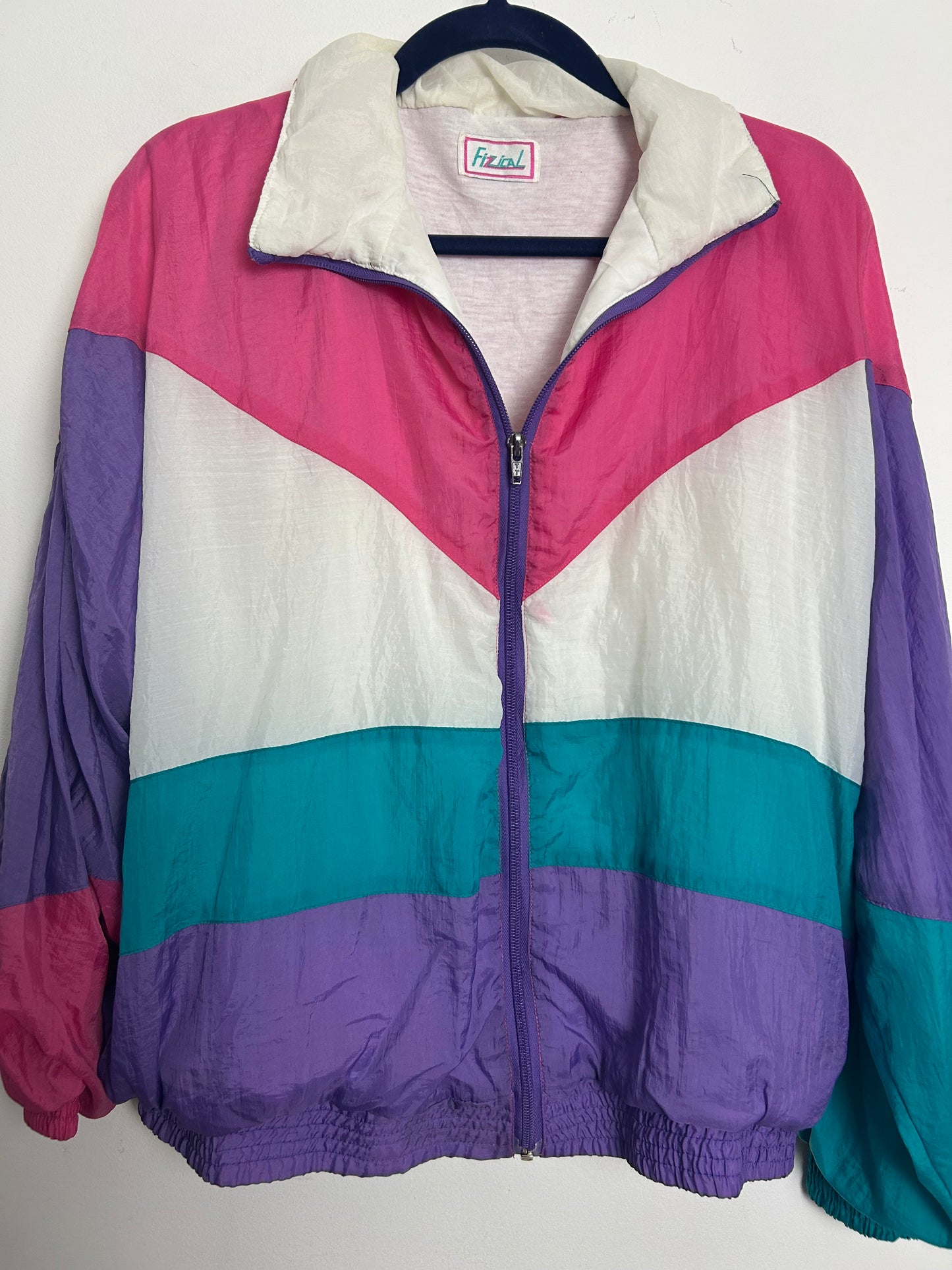 Vintage 1980s FIZZICAL Upto Size 14 Pink White Teal & Purple Shell Suit Jacket