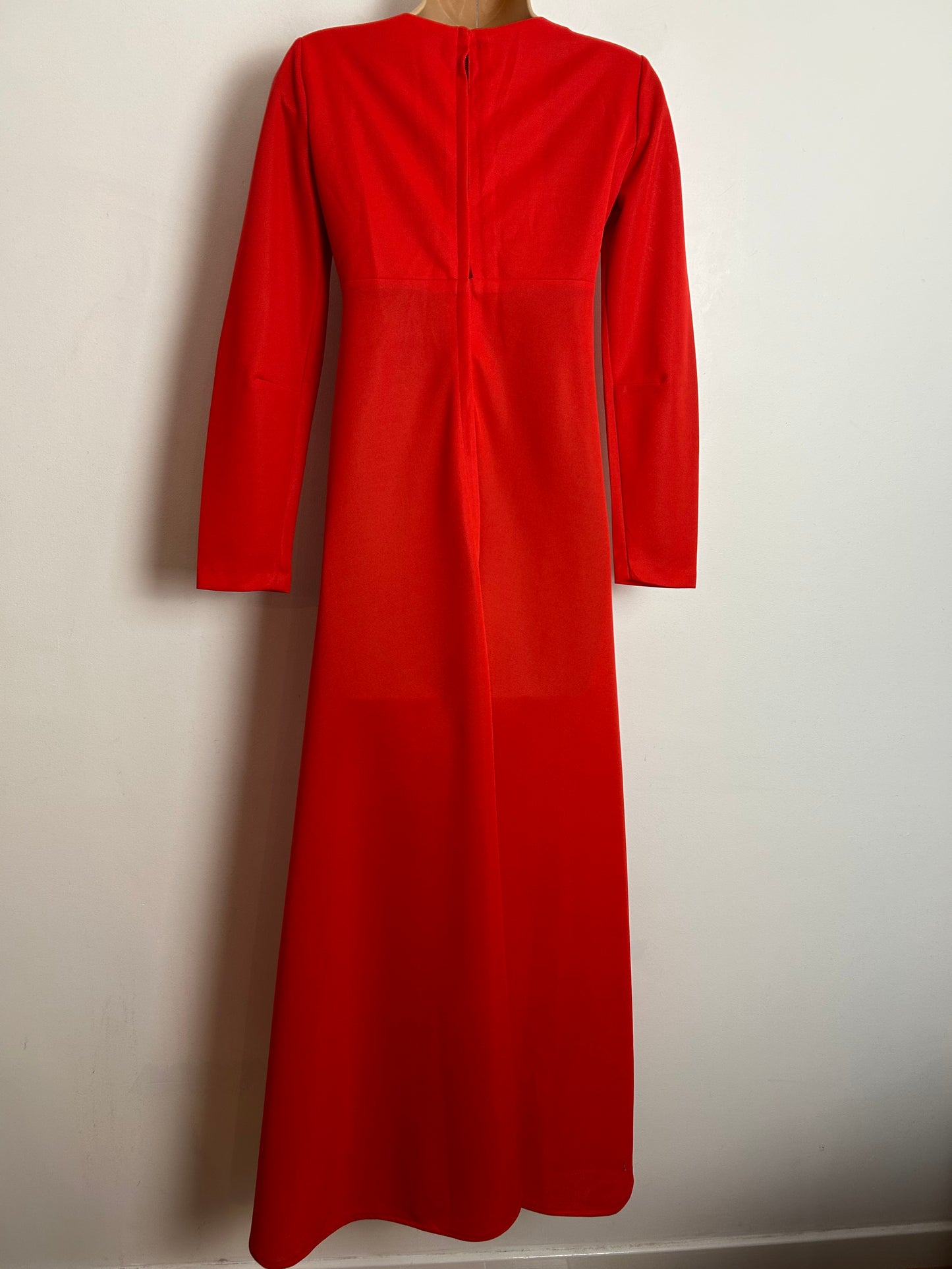 Vintage 1970s UK Size 8 Red Drape Front Long Sleeve Occasion Evening Maxi Dress