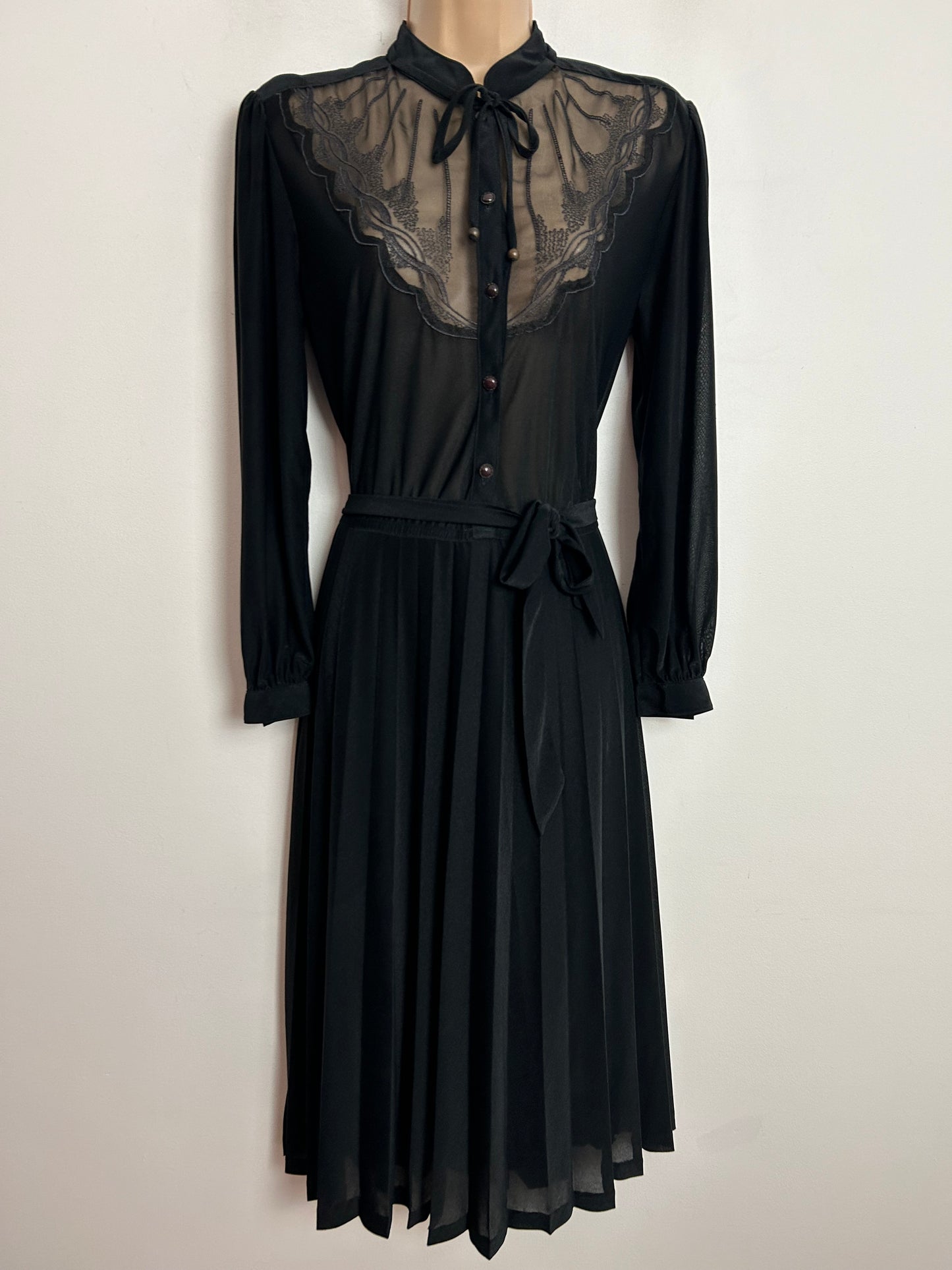 Vintage 1980s GARBO UK Size 12-14 Black Embroidered Semi Sheer Applique Detail Belted Pleated Day Dress
