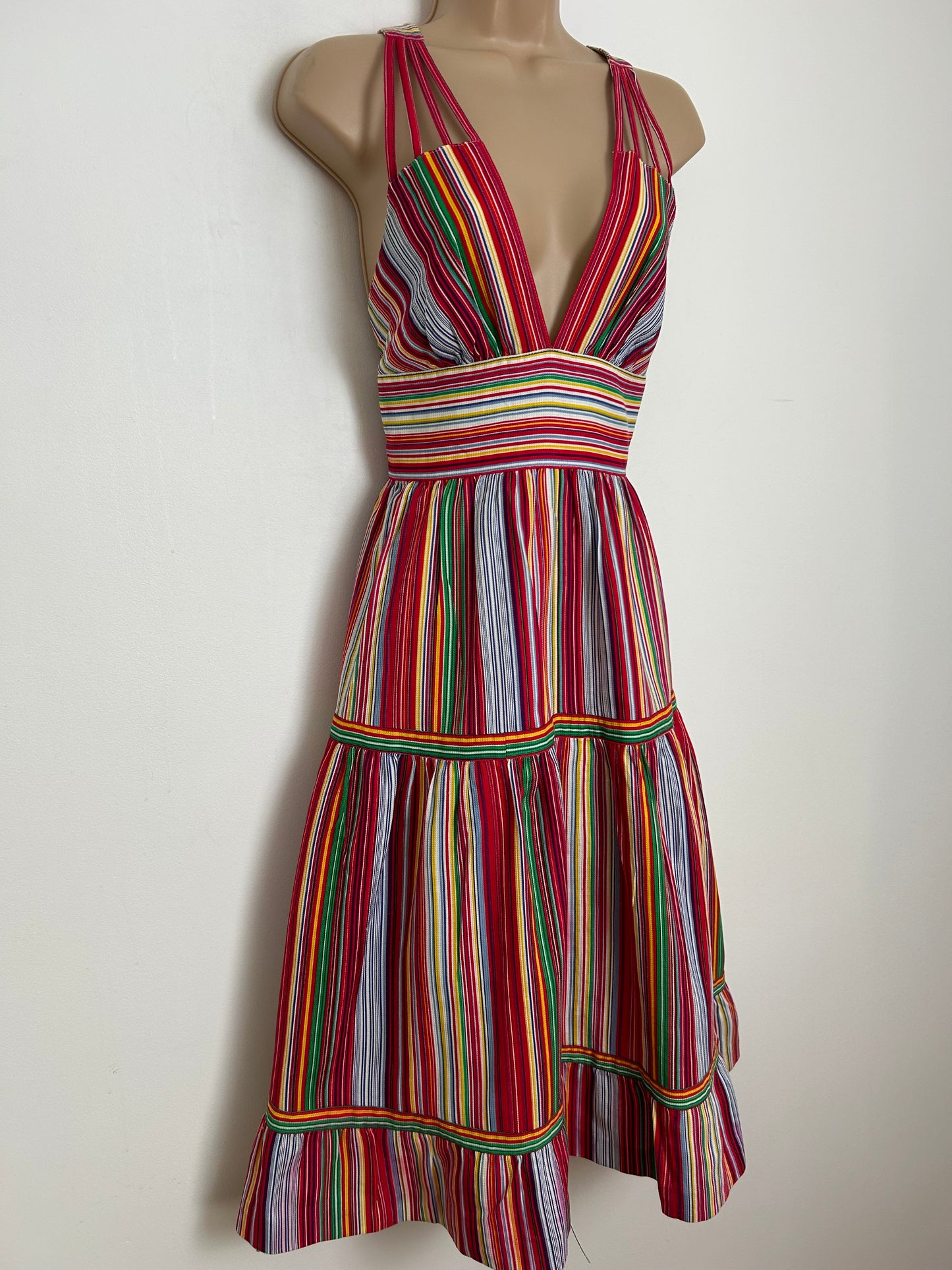 Vintage Late 1970s Size 6-8 Multi Stripe Cross Strap Plunge Neck Summer Sundress
